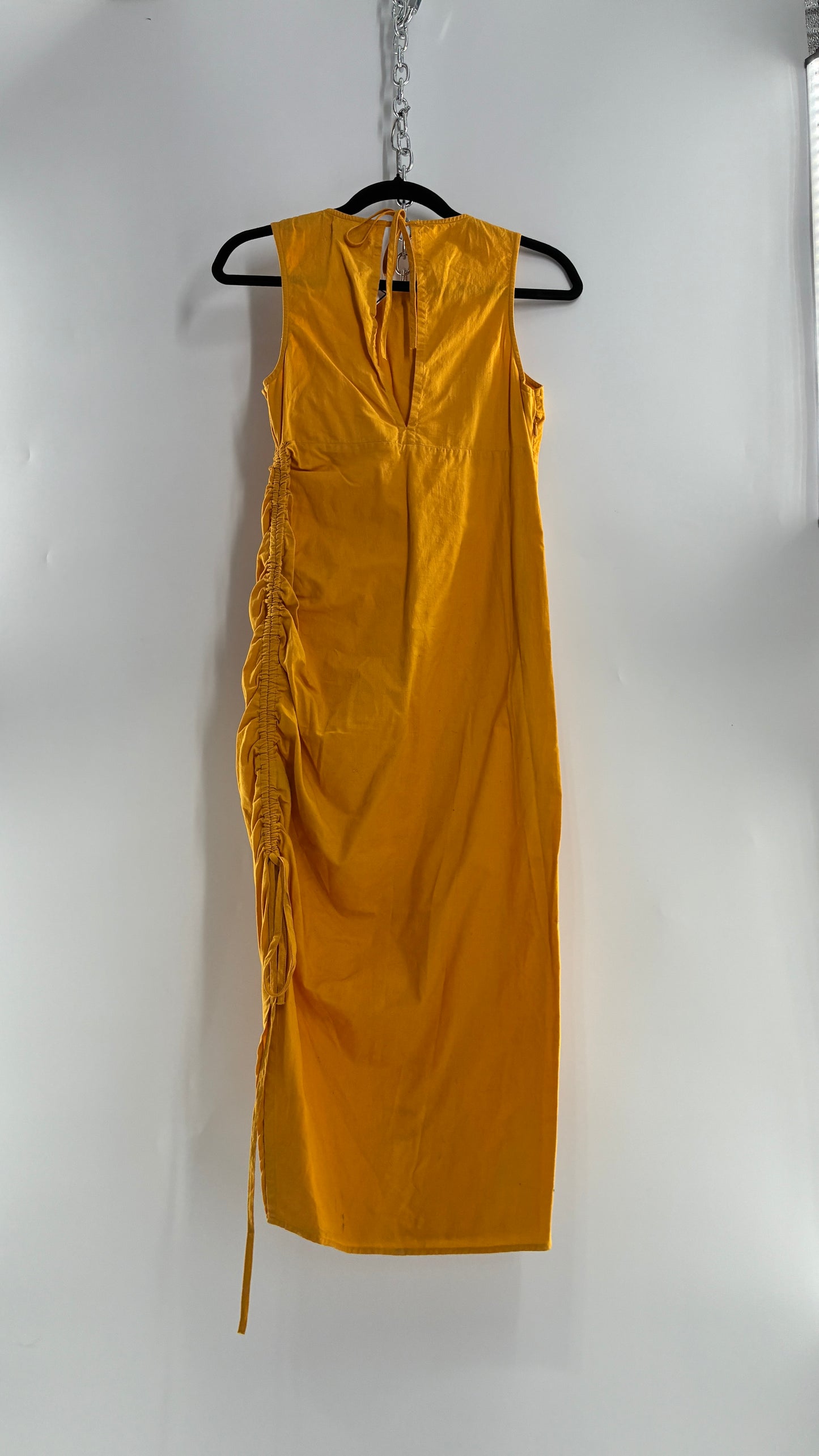 Urban Outfitters Mustard Yellow Cotton Ruche Side Slit Midi Dress (XS)