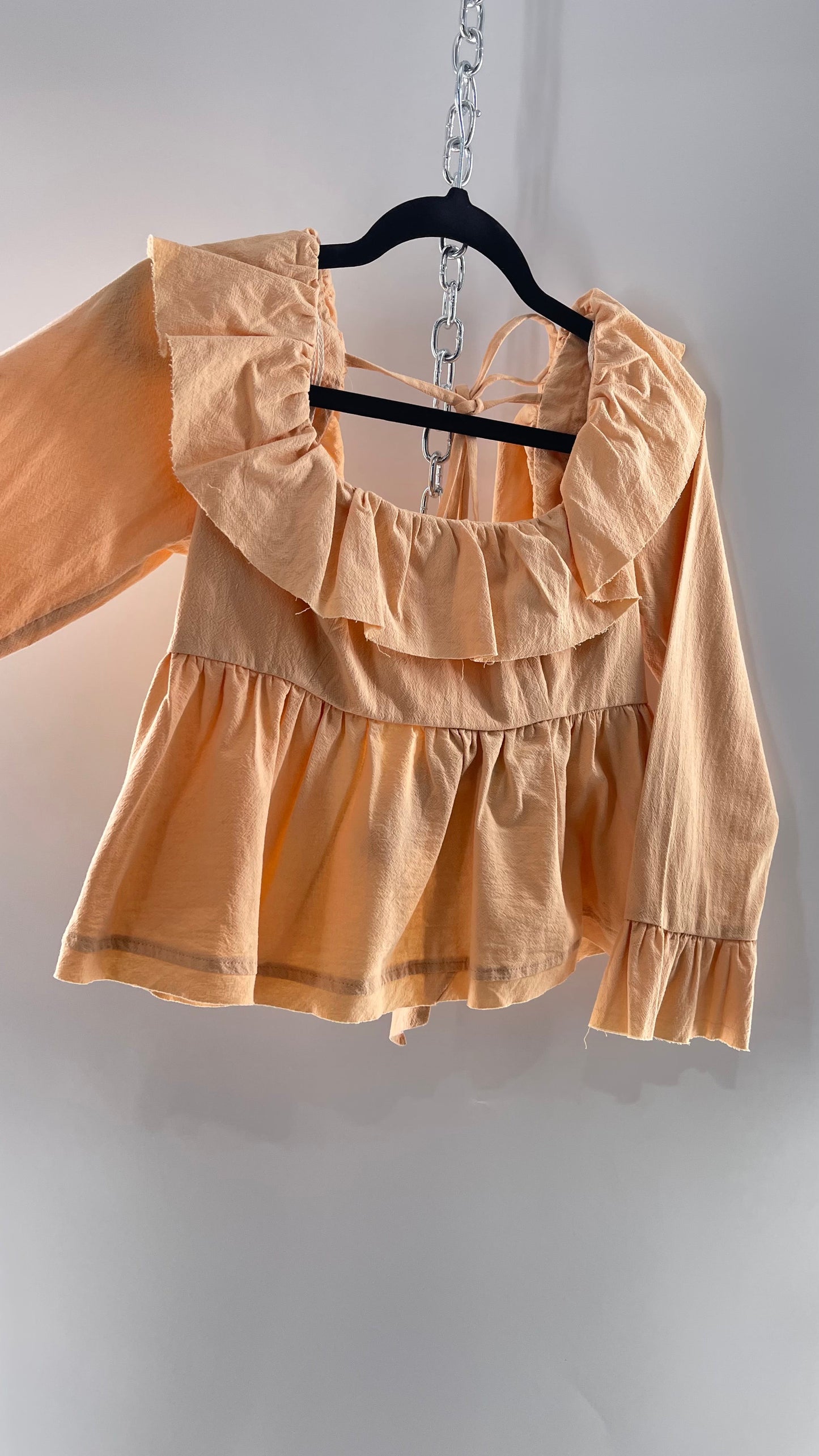Free People Pumpkin Light Orange Backless Bow Back Cropped Blouse with Ruffle Sleeve and Neckline (XS)