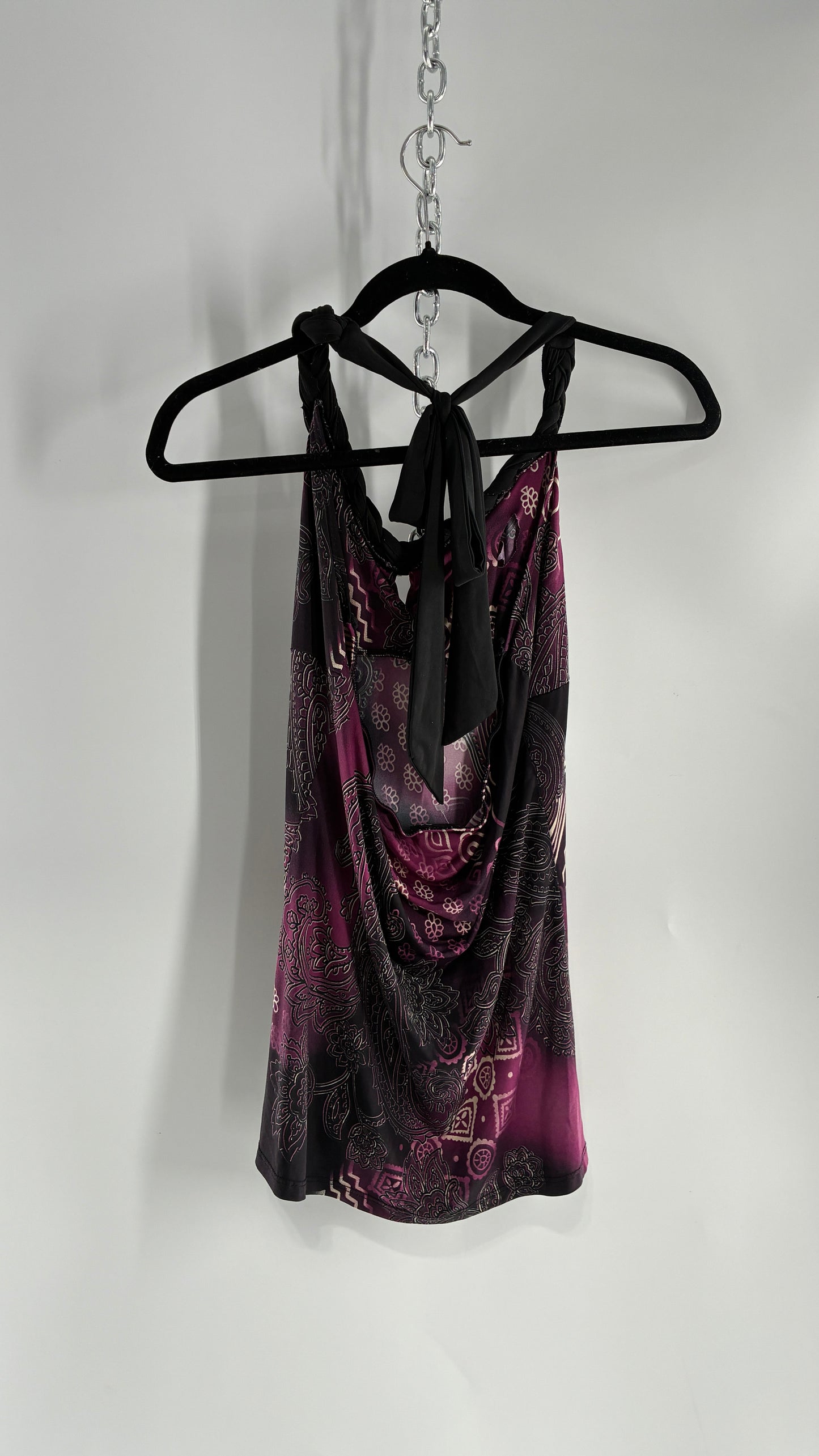 Vintage RUE 21 Purple Braided Halter Black and Purple Graphic (Large)