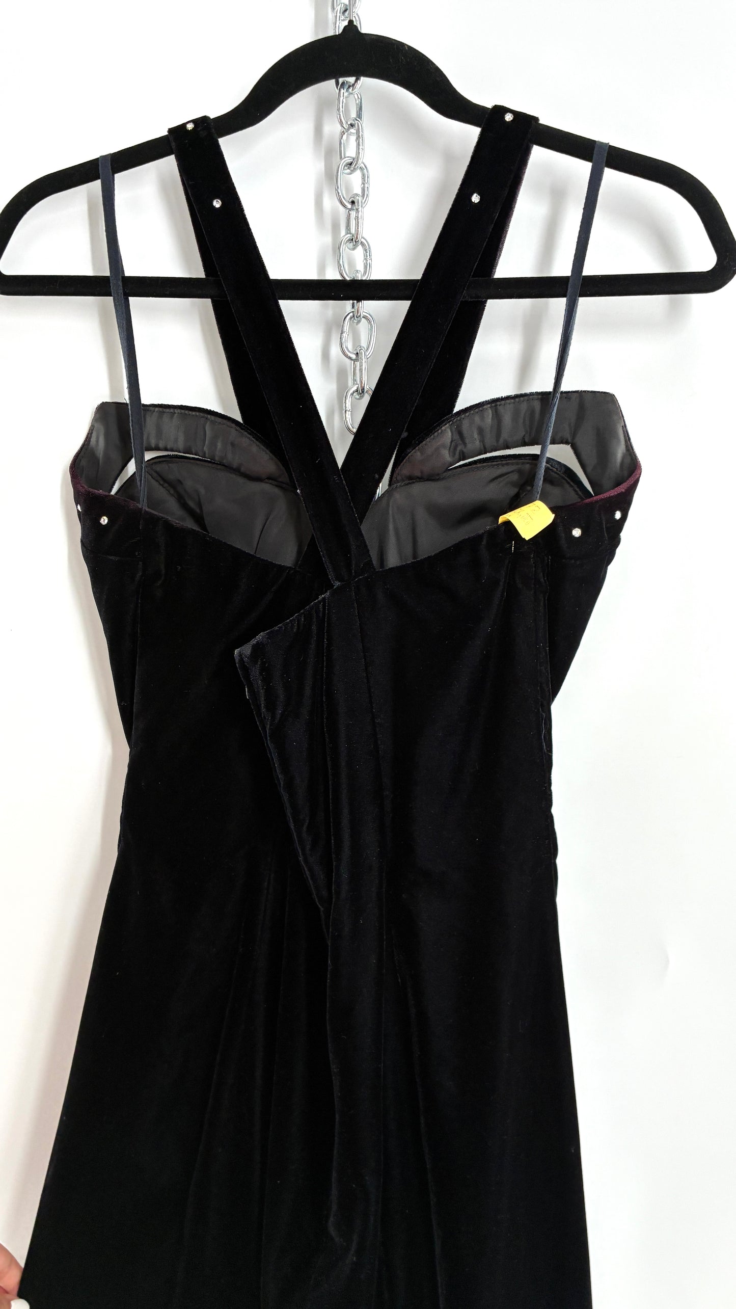 Vintage Handmade Velvet Gown with Pointed Bust Lined in Rhinestones and Dramatic Side Slit (S/M)