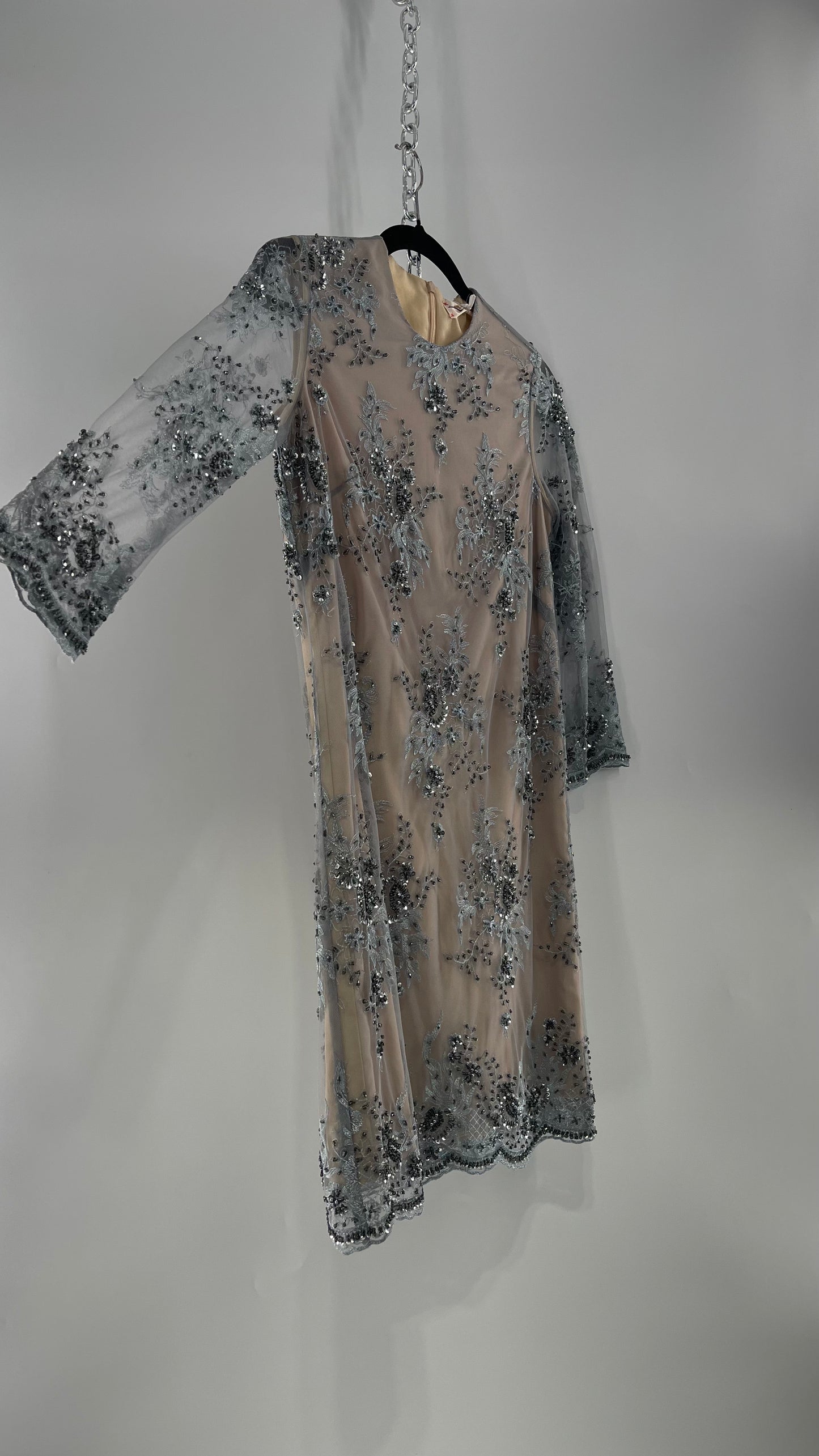 Koravilas Anthropologie Grey Mesh Embroidered Lace Long Sleeve Beaded Dress (4)