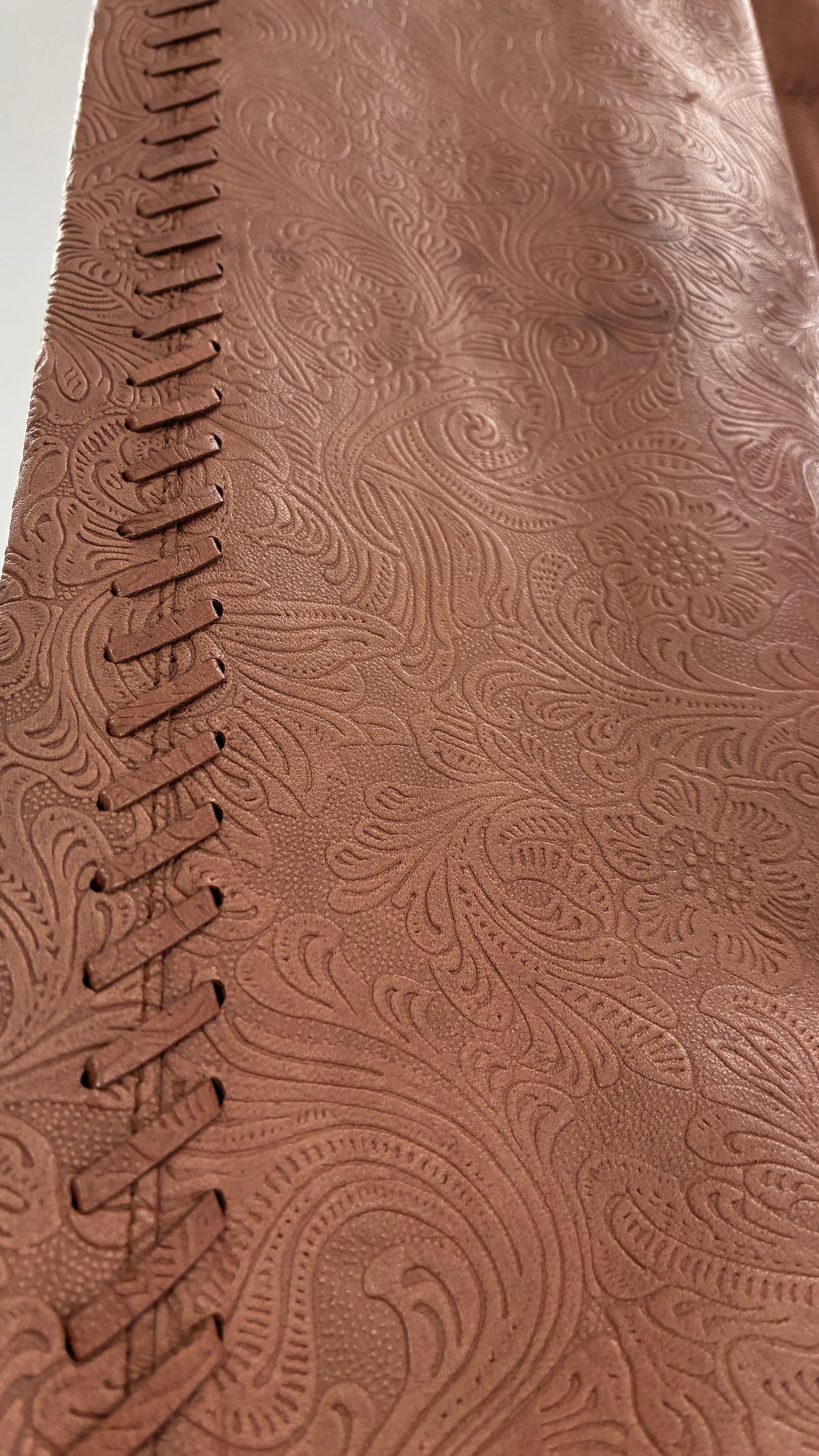 Vintage Embossed Paisley Patterned Genuine Leather Pants with Stitching Details (No Label Unbranded, S)