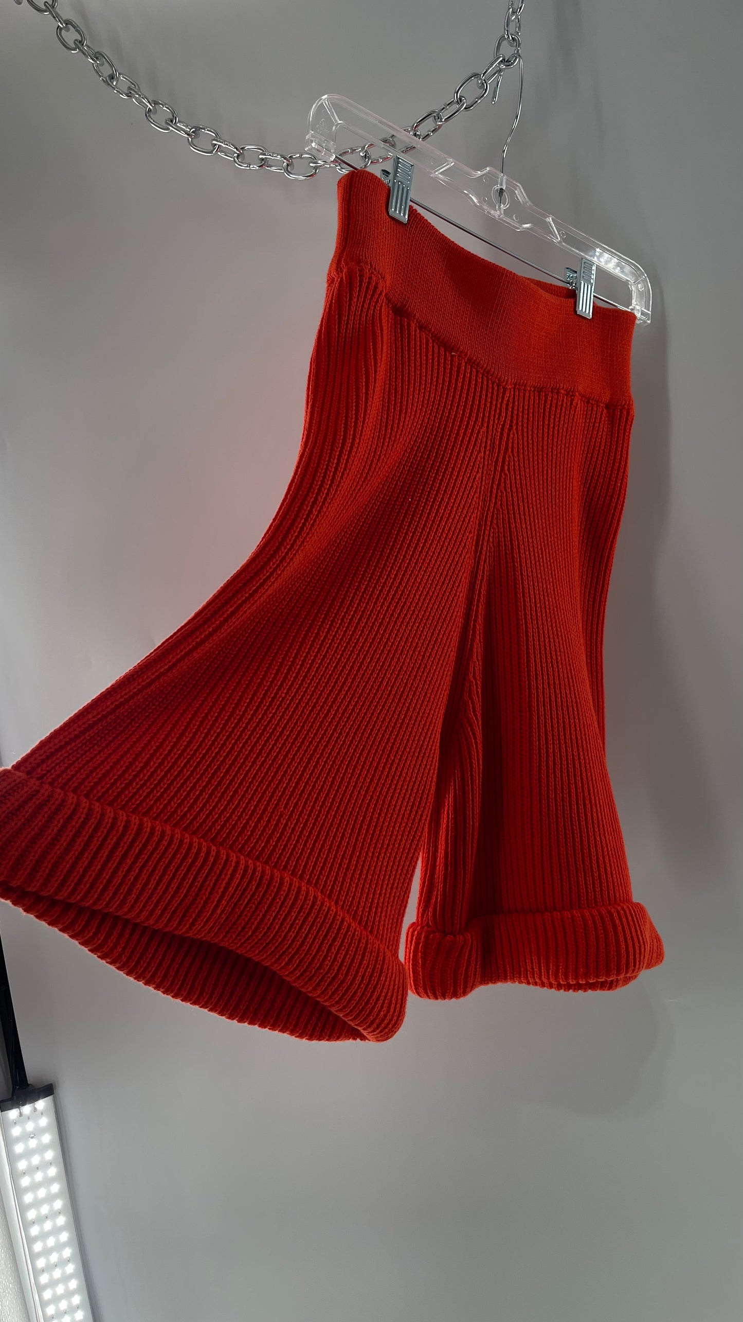 Free People Orange Red Thick Knit Cartoon High Waist Flare Shorts (XS)