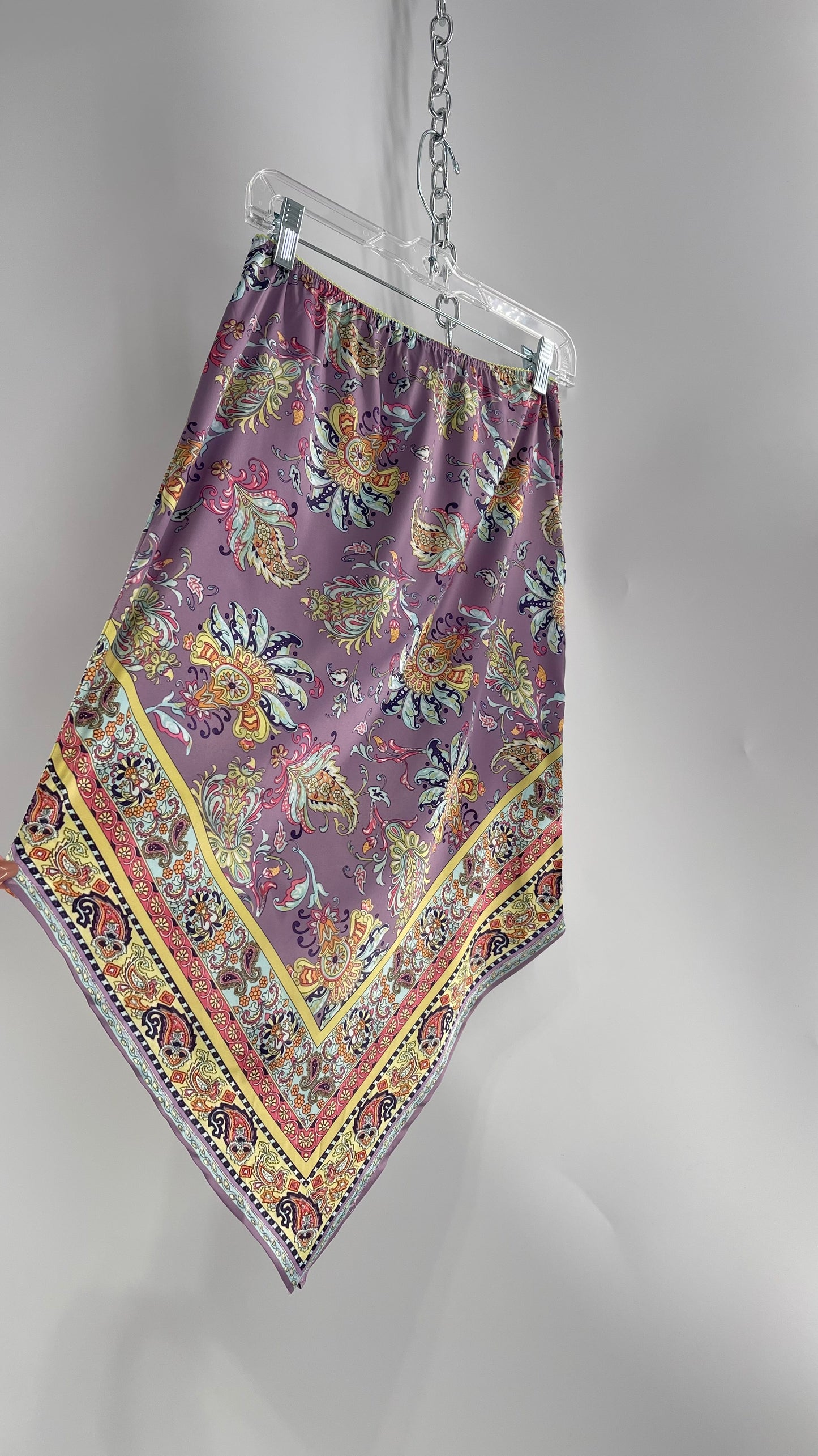 Urban Outfitters Lavender Satin Paisley Handkerchief Hem Skirt with Light Green Ribbon Waistline (Small)