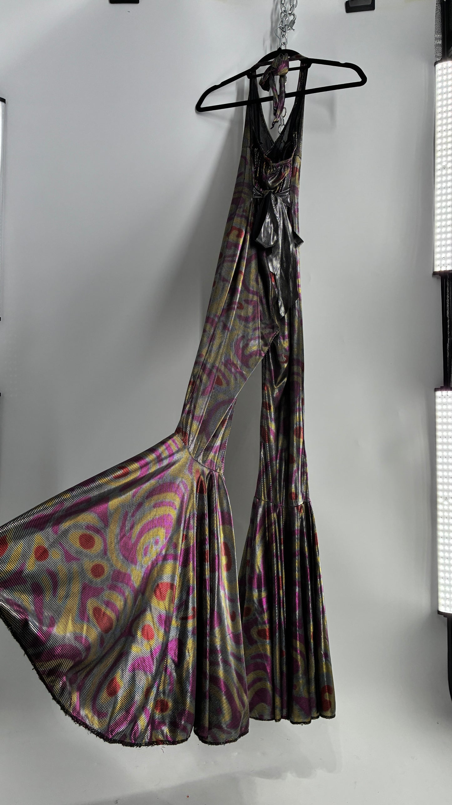 1970s Style Bell Bottom Psychedelic Metallic Jumpsuit with Waist Cinching Back Ties (S/M)