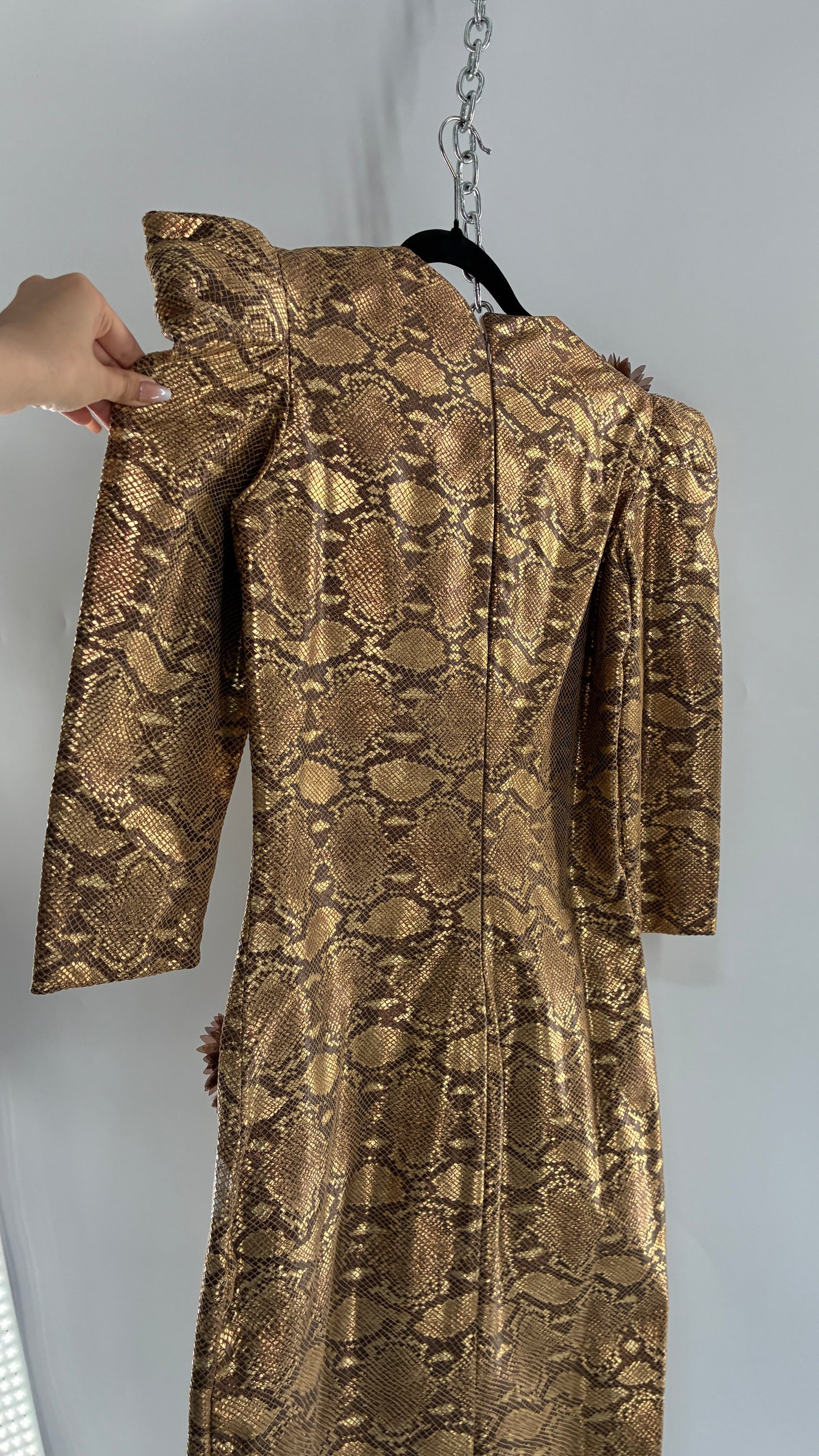 Vintage 1980s Handmade Genuine Leather Snakeskin Bronze Midi Dress with Floral Appliqués (Medium, See Measurements)