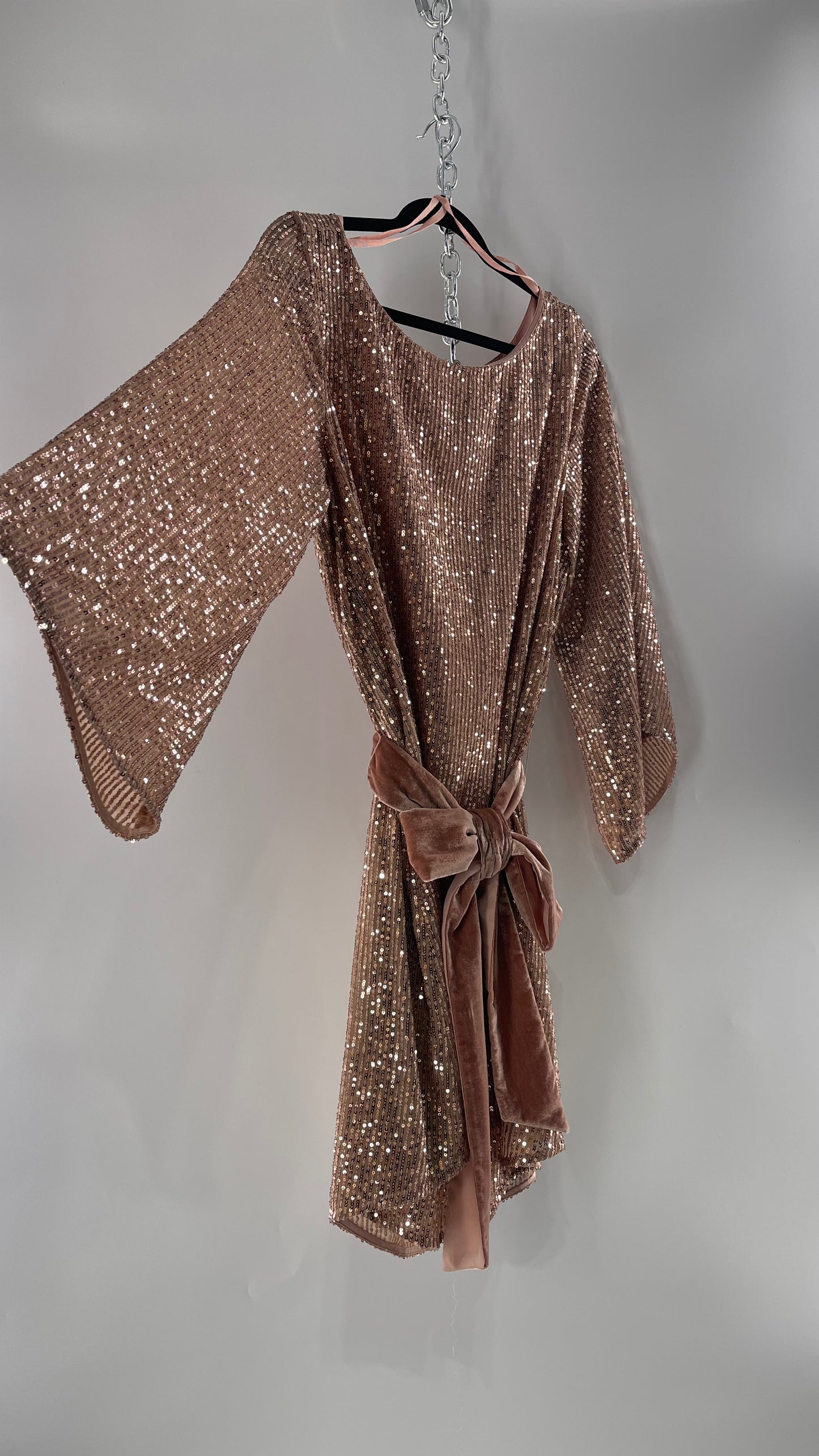 Anthropologie Rose Gold Sequin Dress with Velvet Waist Belt and Tags Attached (XL)