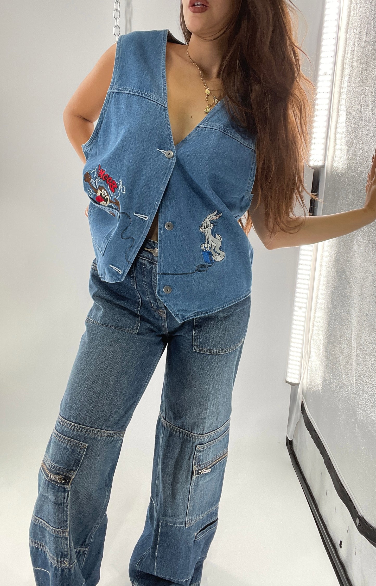 Vintage Looney Tunes Denim Vest with Embroidered Characters (Large)