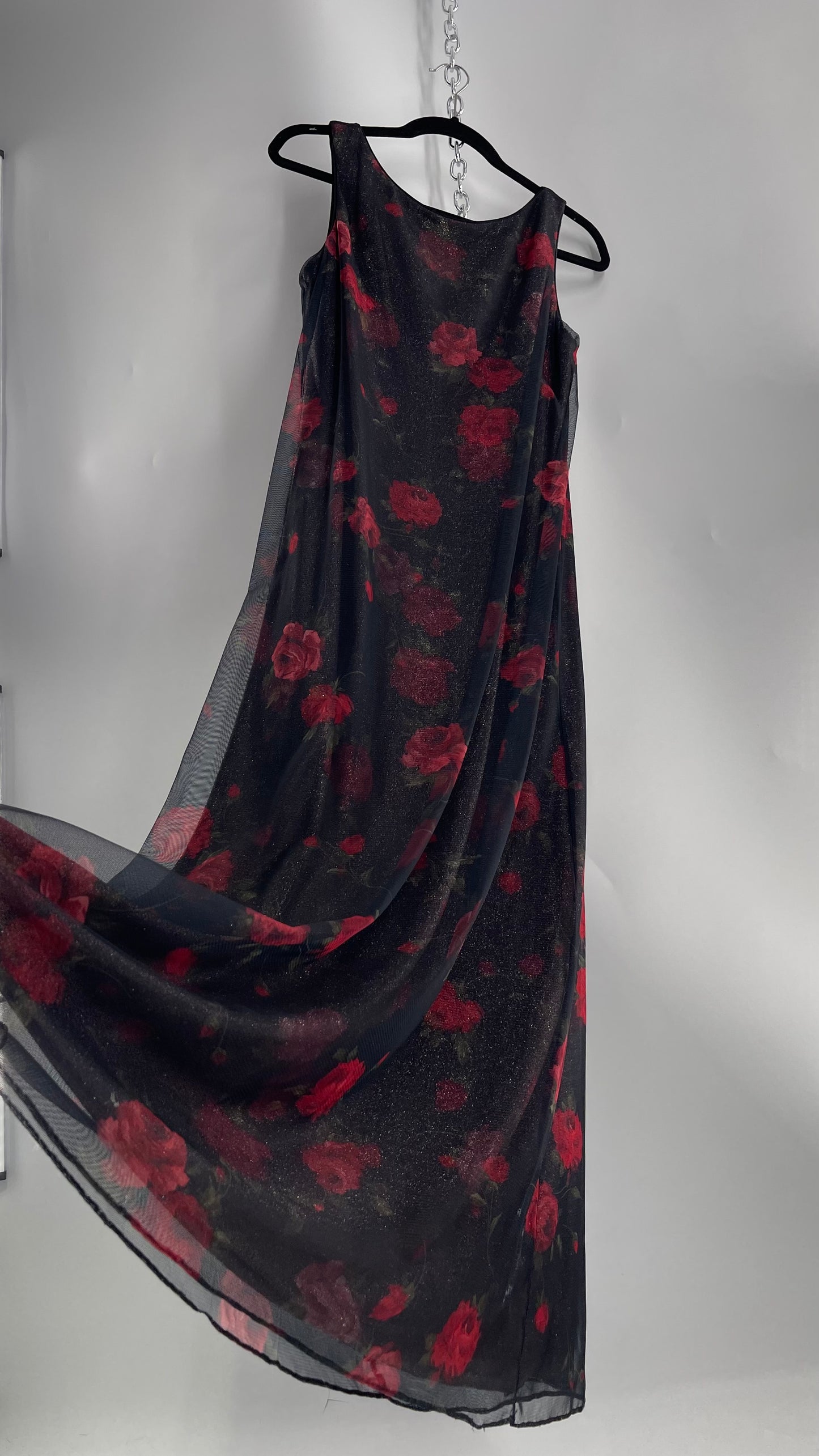 Vintage TEDDI EVENING Dress with Red Rose Layer Over Glitter Graphic and Black Base Layer (10)