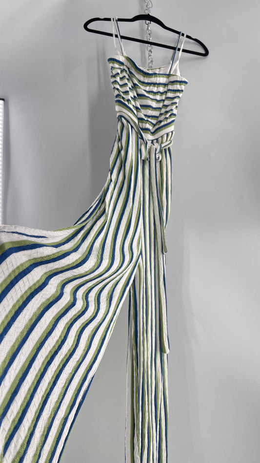 Maeve Anthropologie Woven Green/Blue/White Wide Leg Jumpsuit (Small)