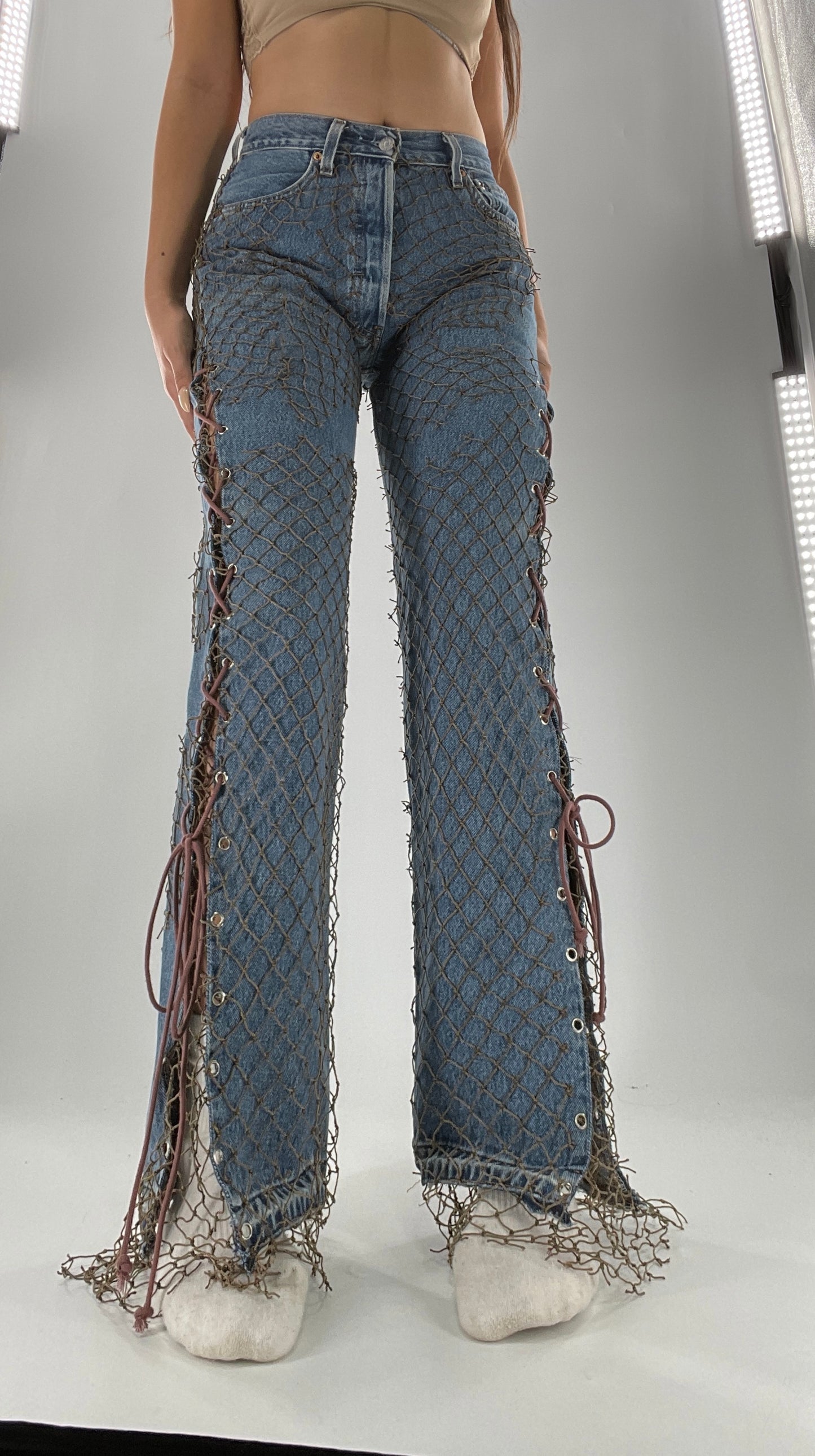 Custom - Fishnet Levi’s with Grommets and Lace Up Sides (Waist 29 Length 30) Fits Like a 26*