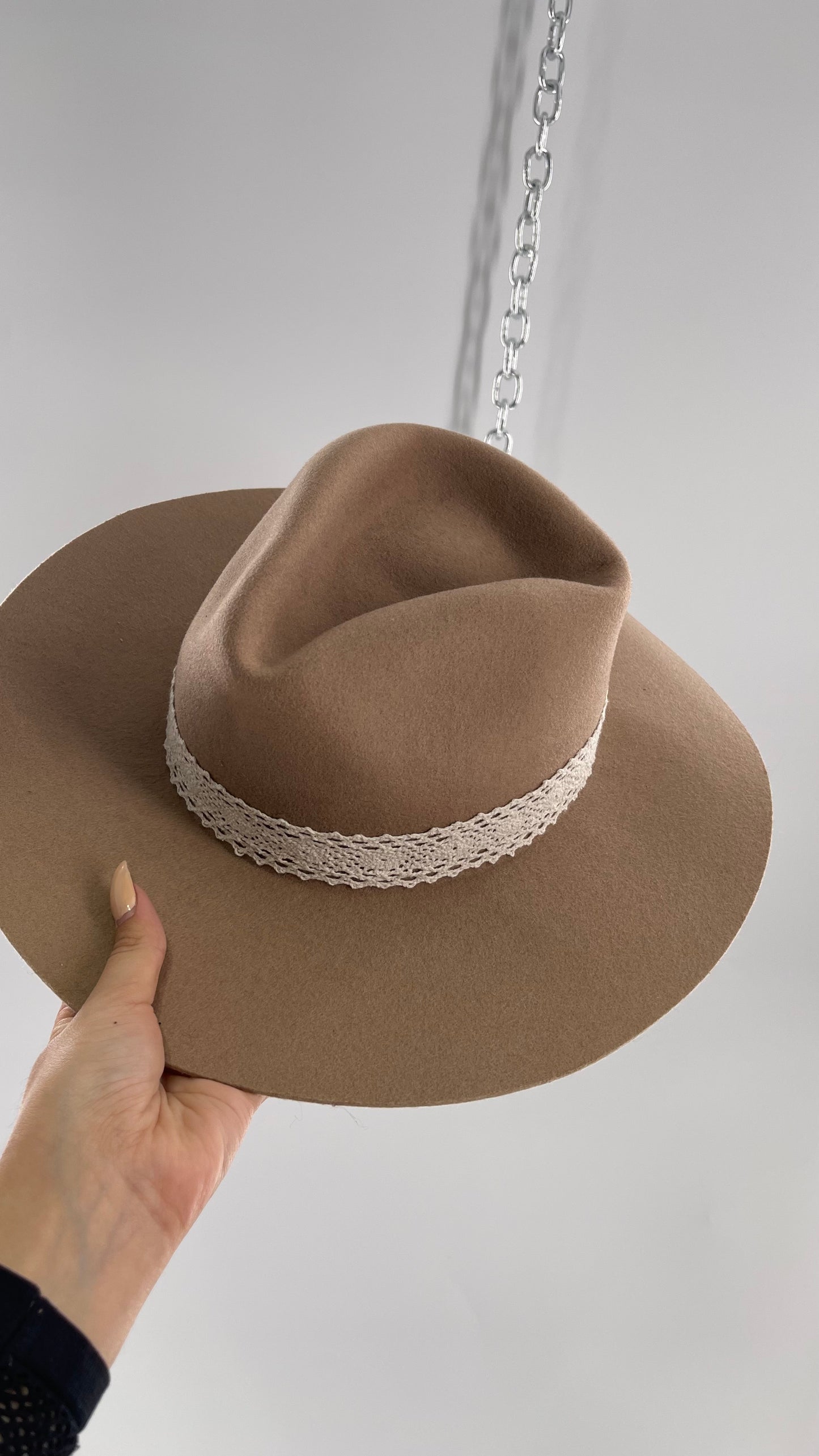 Free People WYETH Tan 100% Wool Lace Belted Wide Brim Sun Hat