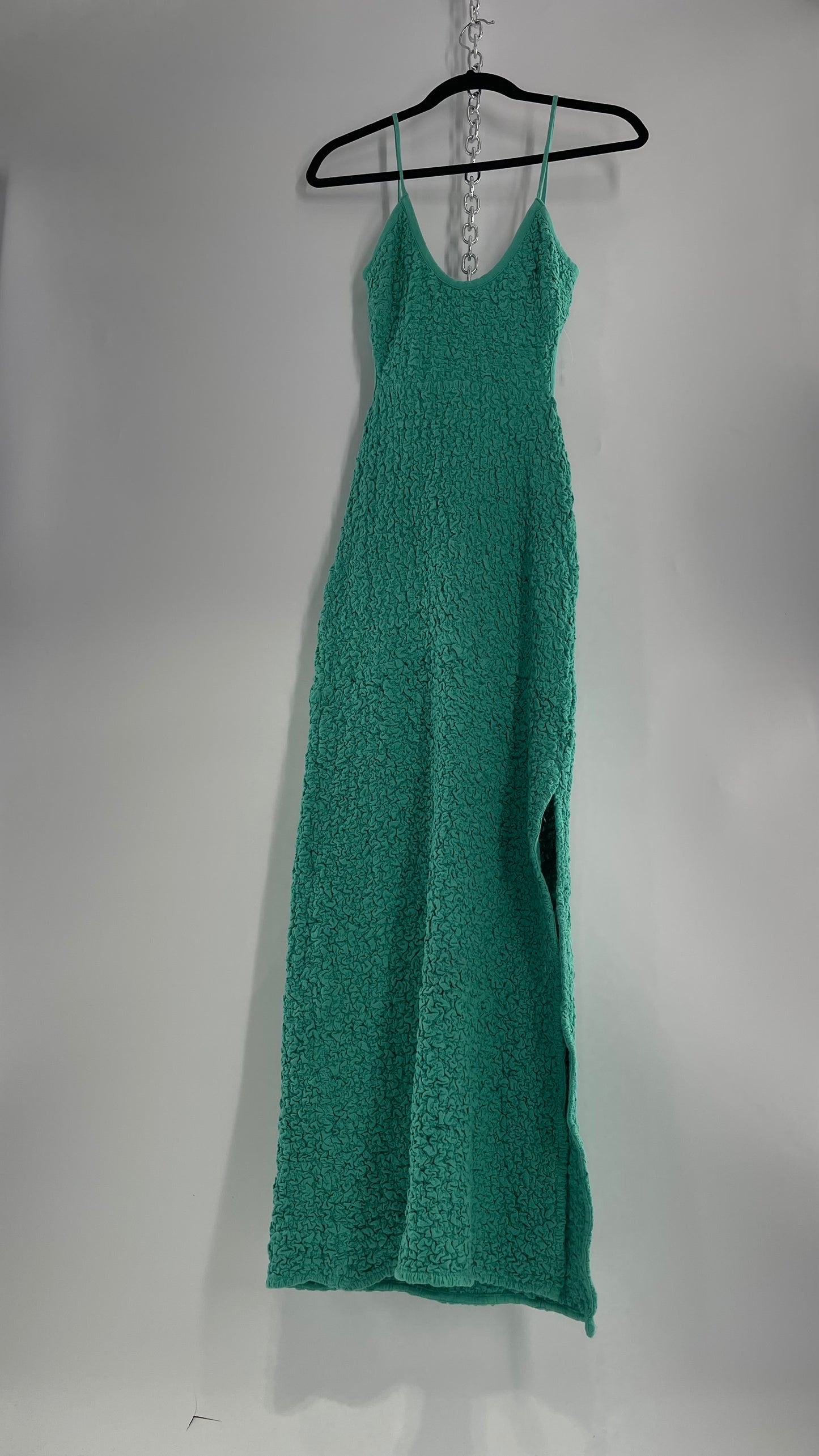 Free People Kelly Green Popcorn Maxi Dress with Low, Open Back Detail (XS)