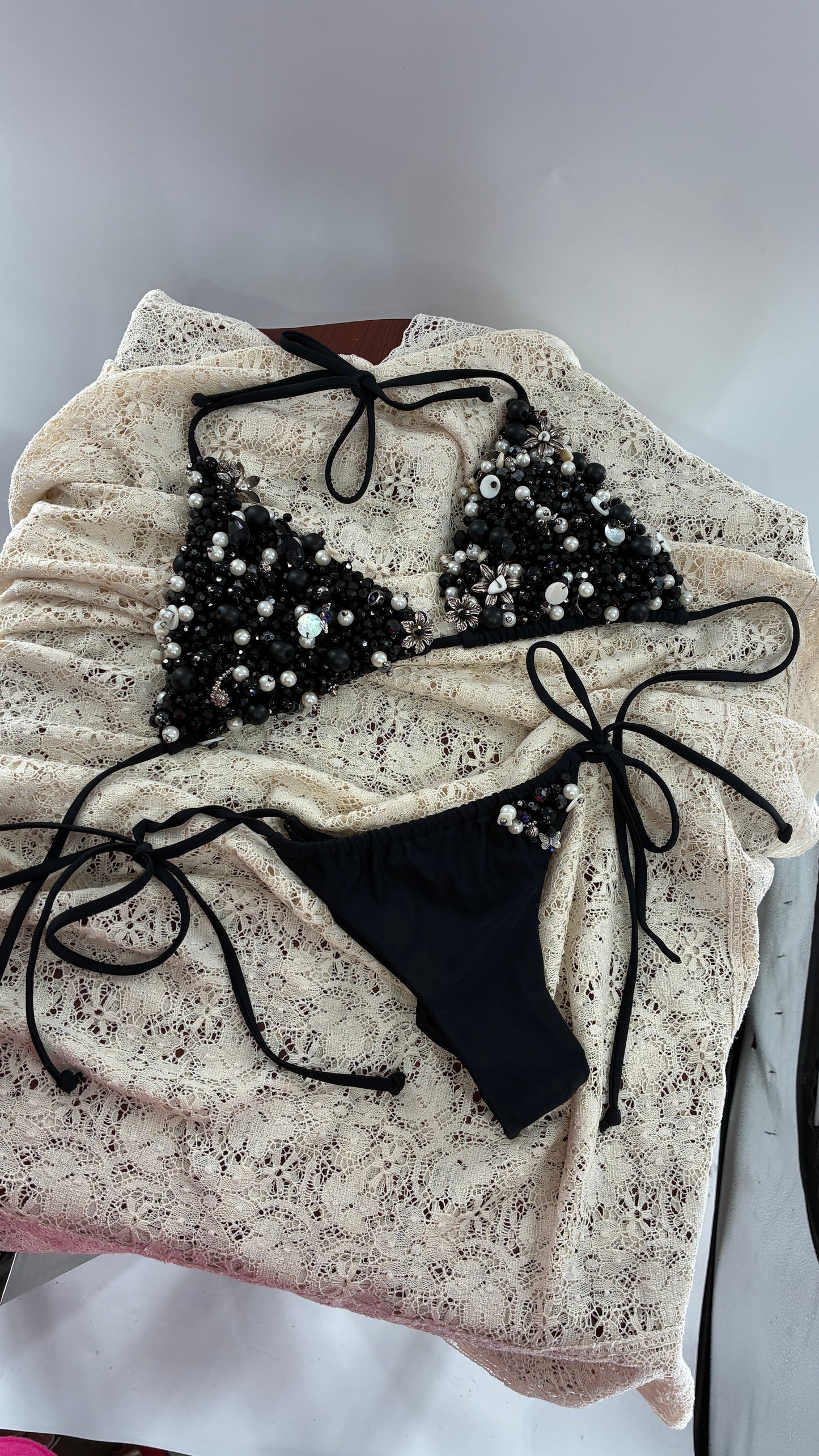 CUSTOM 1/1 Black Swimsuit Covered in Hand Placed and Sewn Beads, Charms, and Gems (MEDIUM)