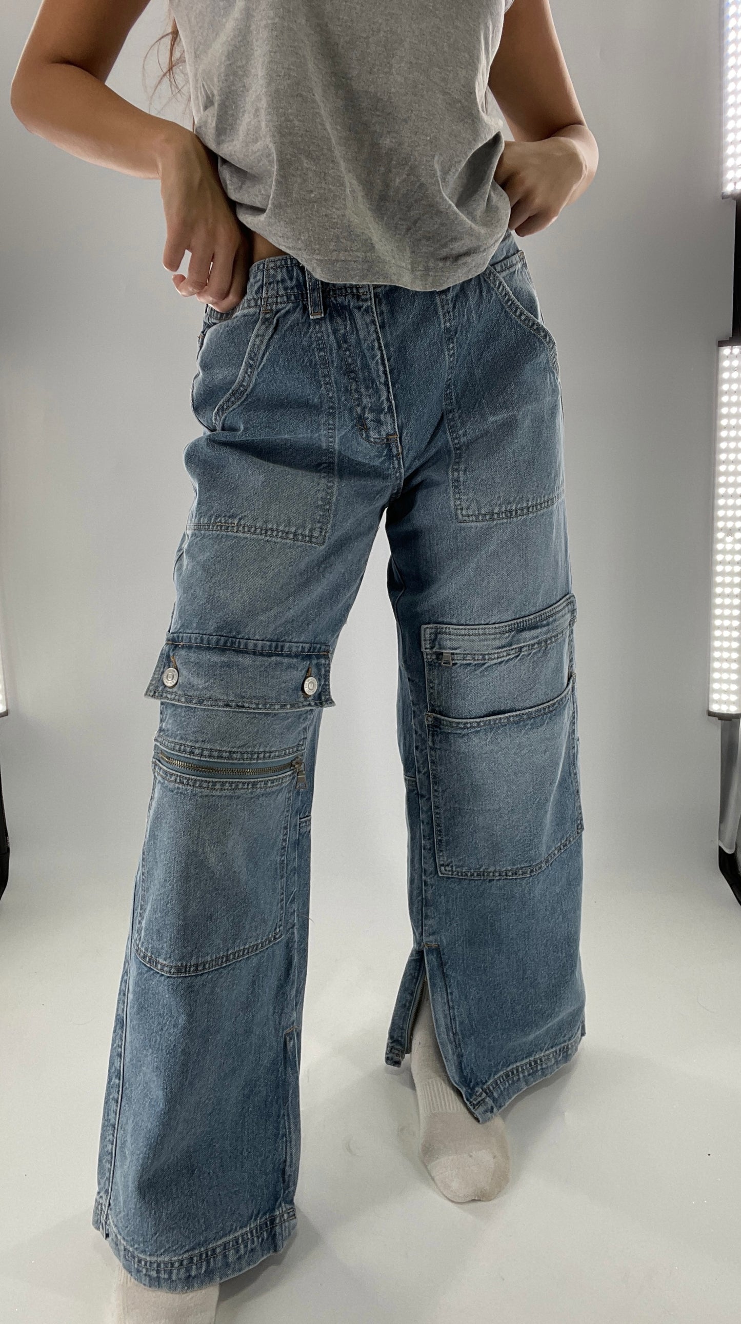 Free People Wide Leg Cargo Jeans Covered in Pockets, Zippers and stitching (27)
