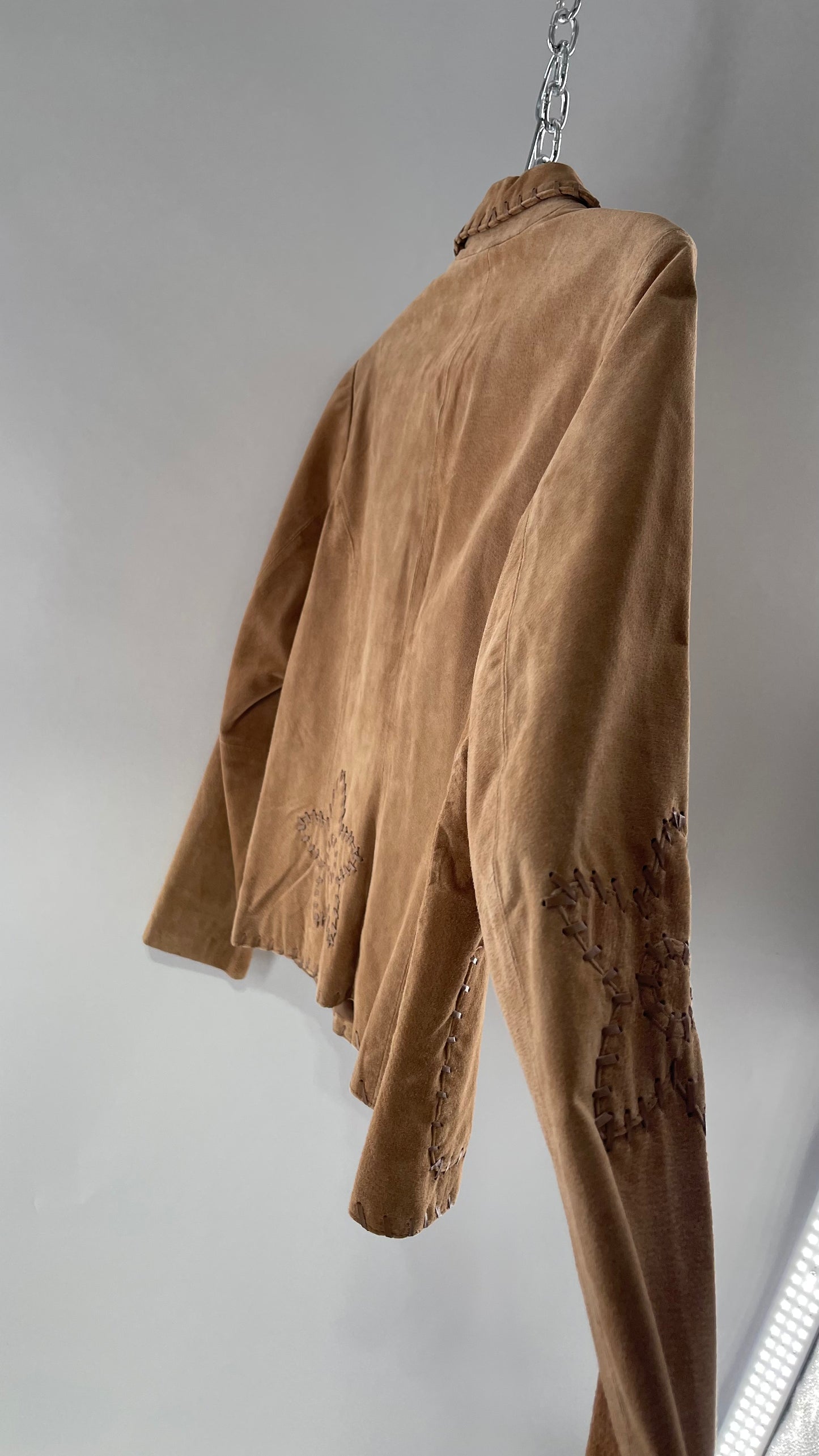 Vintage Rare Light Brown Genuine Suede Blazer with Embroidered Suede Flower and Contrasting Thick Leather Stitching (Medium)