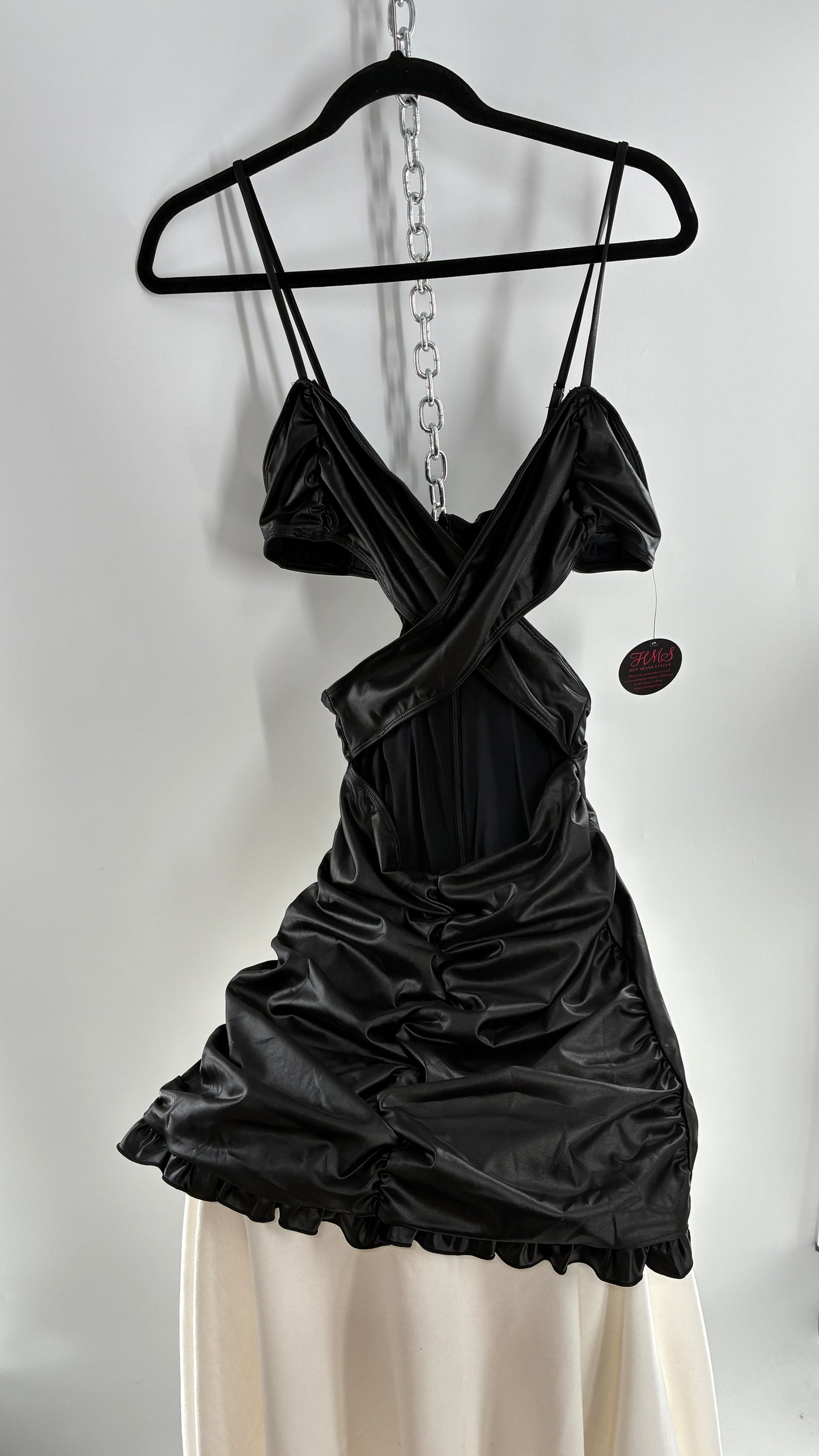 Deadstock Vintage HOT MIAMI STYLES Black Mini Dress with Ruffled Hem, Cut Out Design, and Ruched Body (Large)