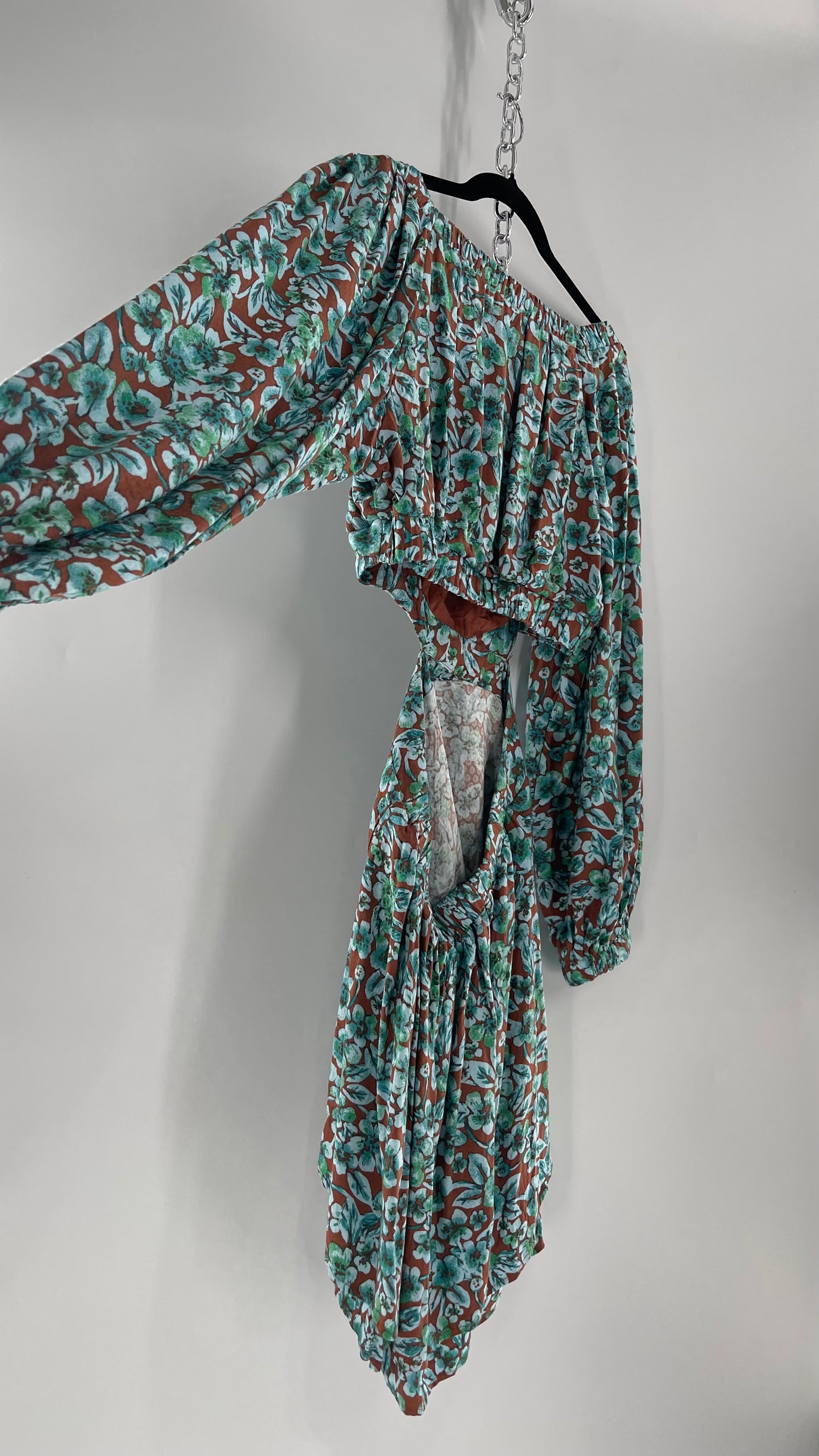 Free People Brown Cut Out Milkmaid Mini with Blue Florals (Medium)