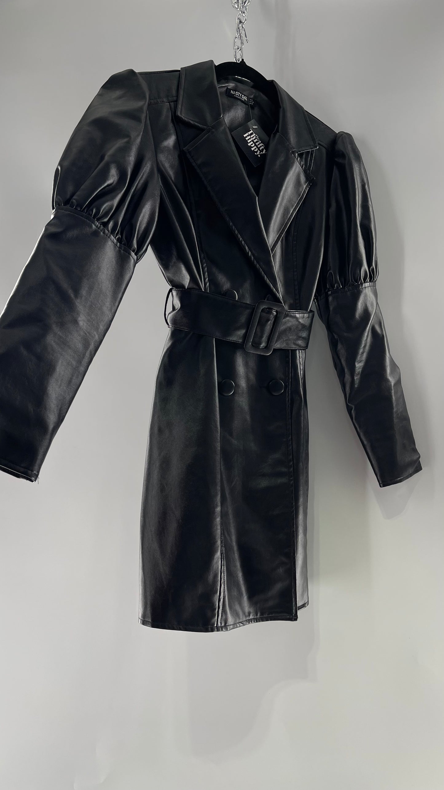 NASTYGAL Black Patent Pleather Puff Shoulder Belted Trench Coat (C)(6)