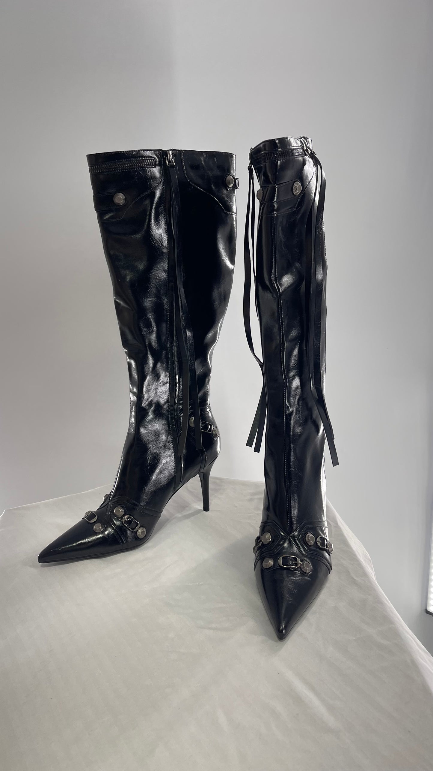 Black Pointed Toe Strappy Heeled Knee High Boots with Metal Hardware Details (10)