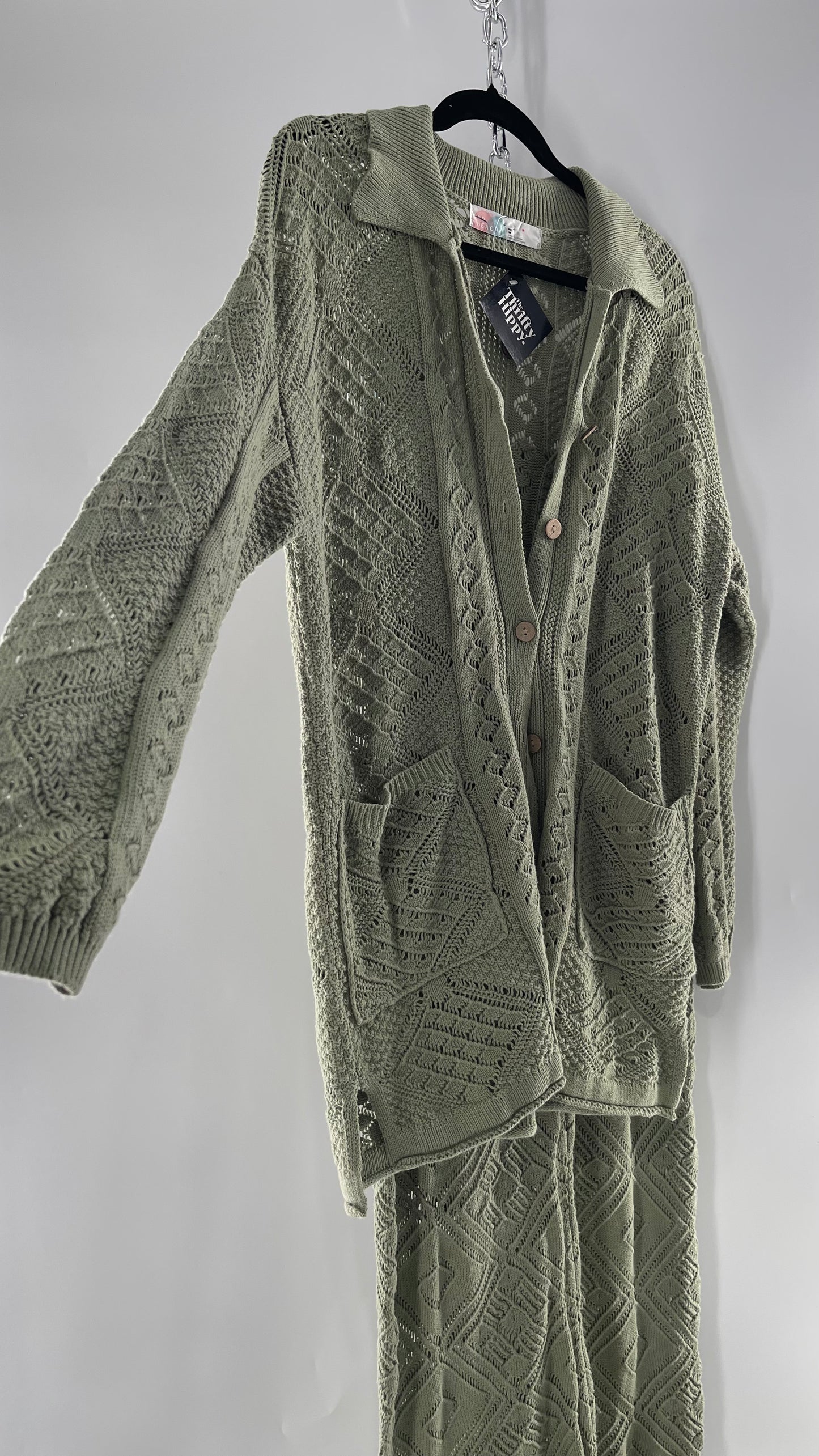 Free People Beach Sage Green Crochet Wooden Button Front Cardigan and Wide Leg Set (Medium)