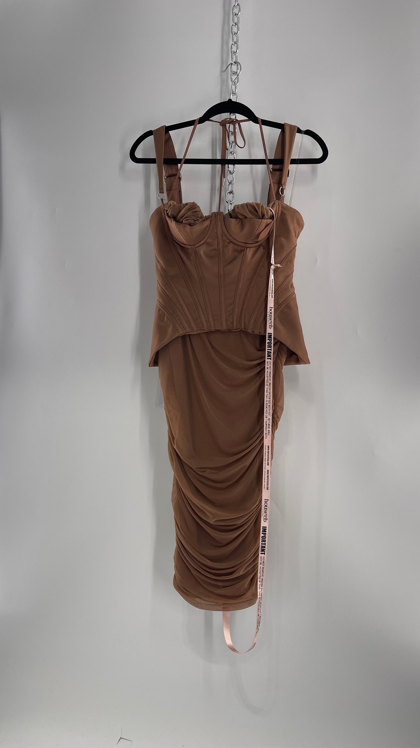 House of CB Talya Toffee Satin Corset Midi Dress with Ruched Skirt (Medium)