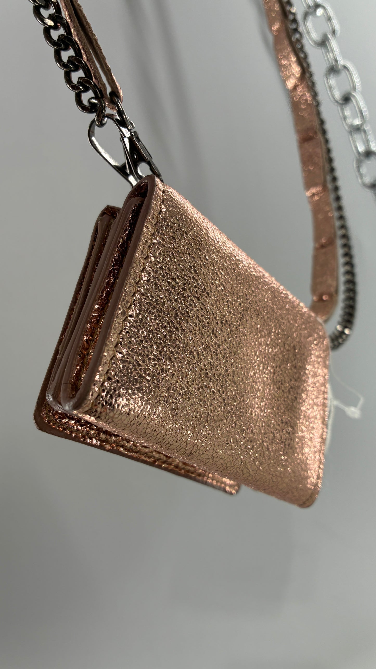 Free People Rose Gold Metallic Goat Leather Wallet with Leather and Chain Straps