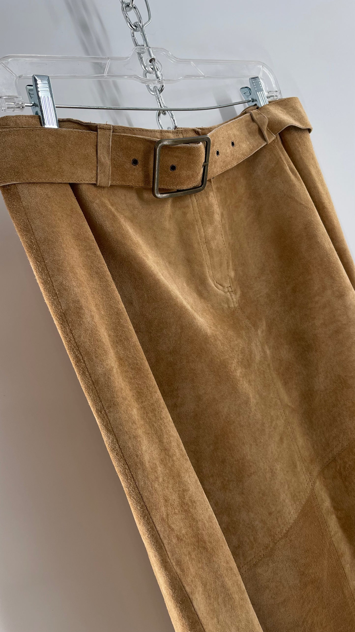 Vintage Margaret Godfrey Tan Suede Low Rise Full Length Skirt with Grommet Belt (14)
