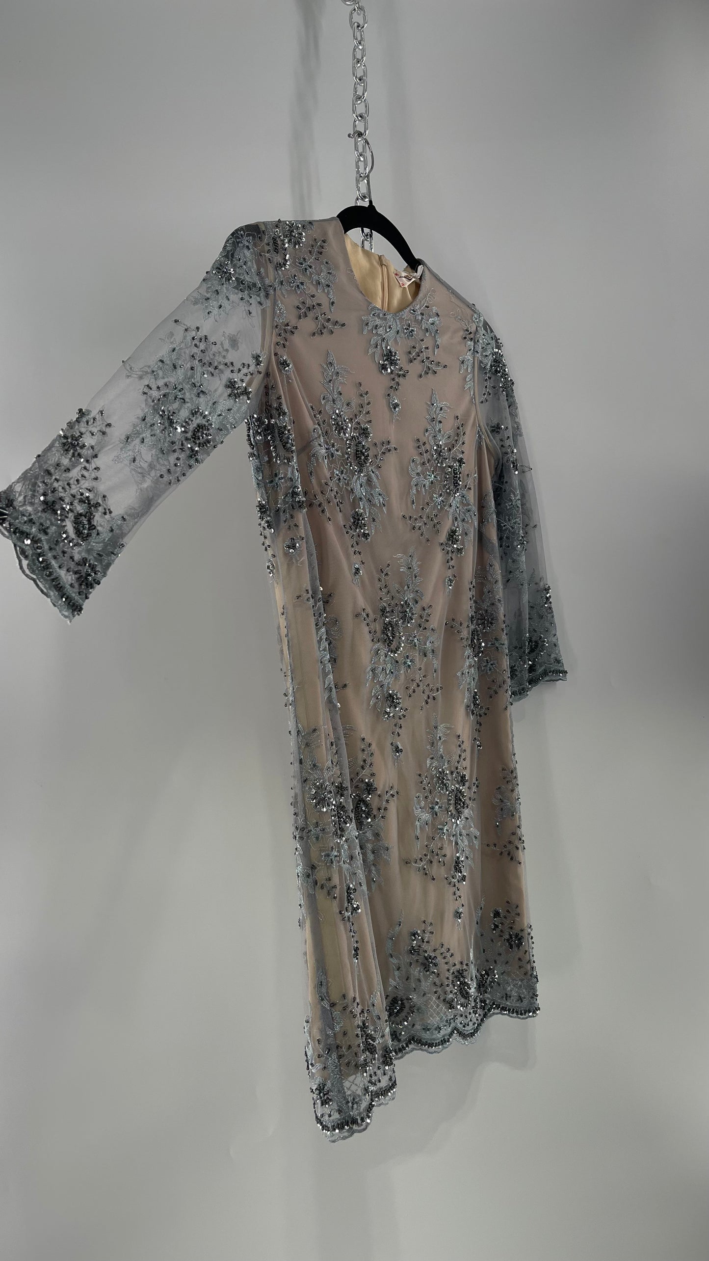 Koravilas Anthropologie Grey Mesh Embroidered Lace Long Sleeve Beaded Dress (4)