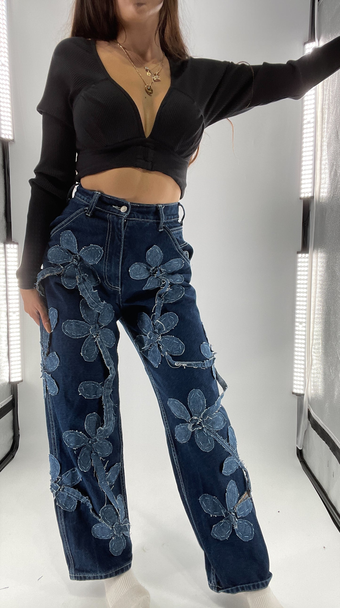 Handmade CUSTOM Dual Denim Tone Floral Vine Cargo Denims (S)