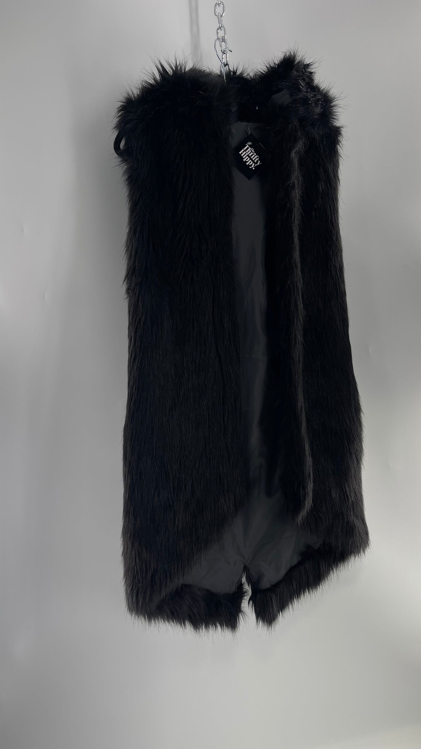 Full Length Black Fuzzy Sleeveless Vest with Oversized Hood (Medium)