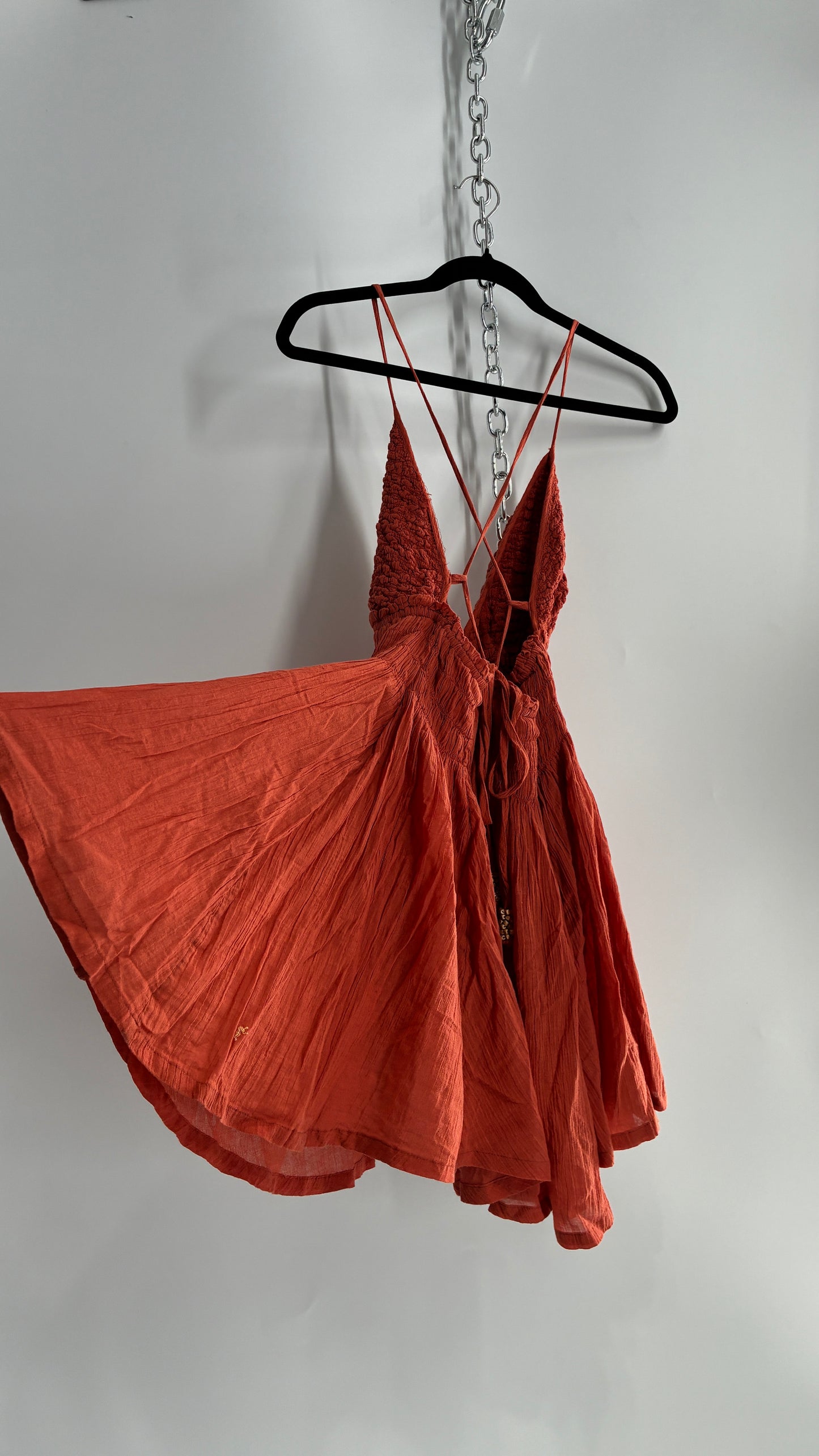 Free People Burnt Orange Smocked Bust Voluminous Mini Dress (Small)