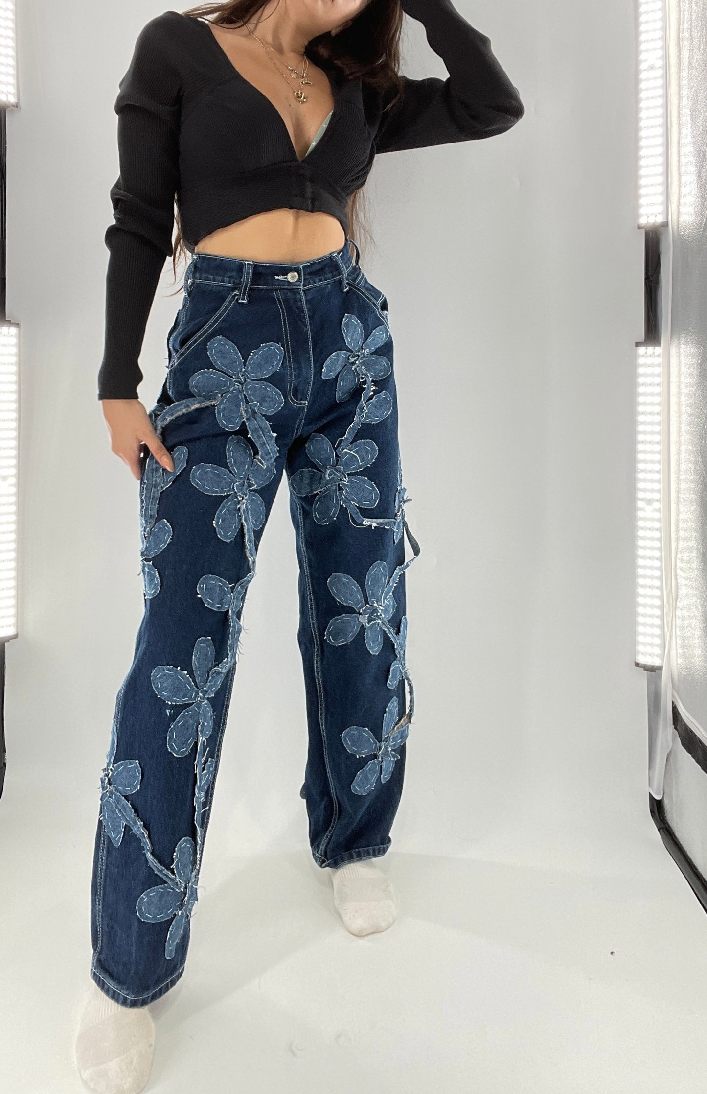 Handmade CUSTOM Dual Denim Tone Floral Vine Cargo Denims (S)