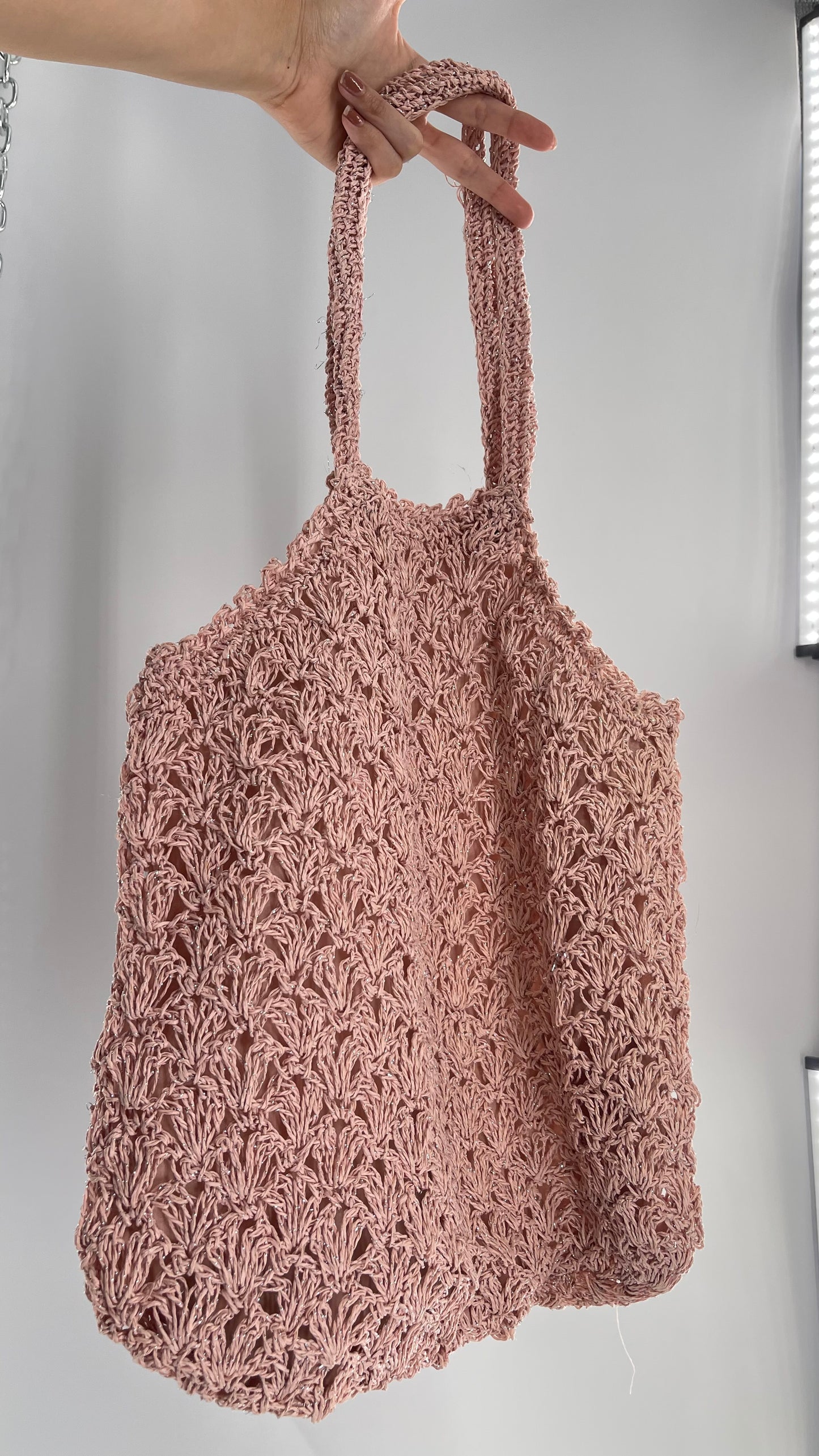 Urban Outfitters Baby Pink Straw Tote Bag with Silver Tinsel
