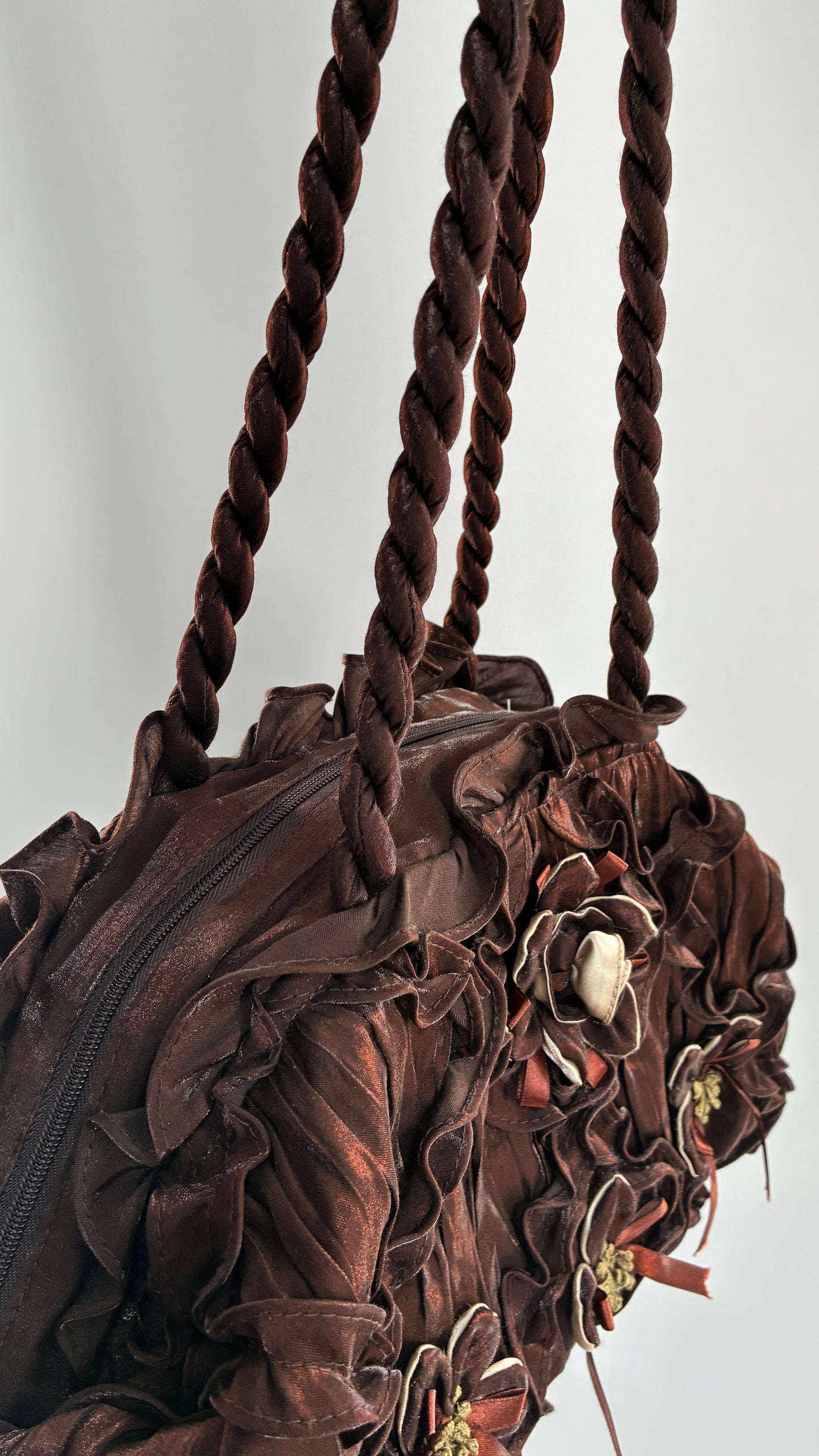 Vintage Oversized Brown Slouchy Purse with Embroidered Rosettes and Braided Strap