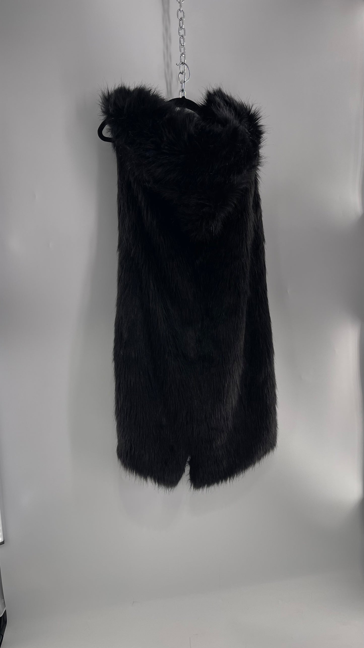 Full Length Black Fuzzy Sleeveless Vest with Oversized Hood (Medium)