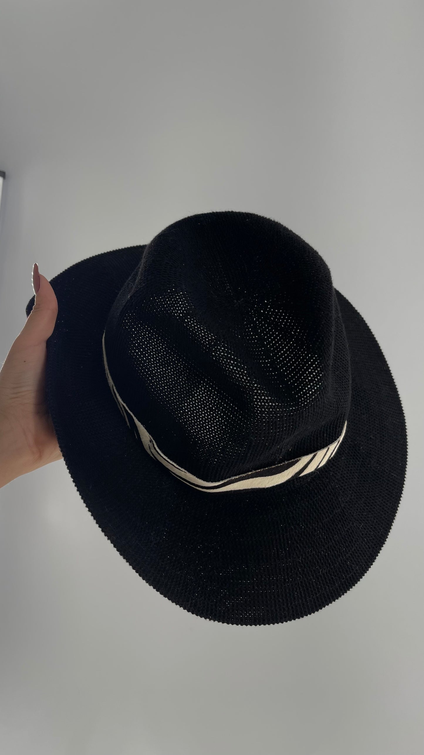 Free People Black 55% Cotton Woven Sun Hat with Textured Fur Belt
