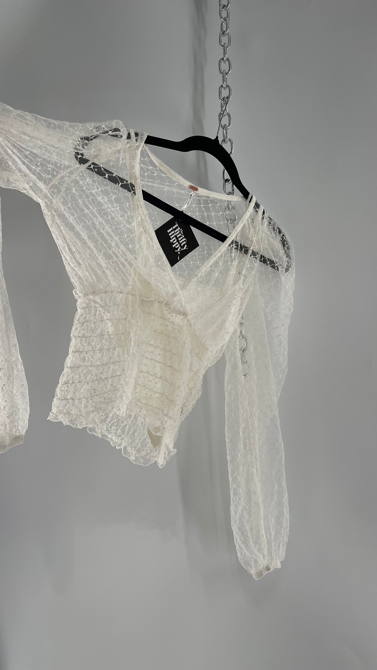 Free People White Embroidered Mesh Blouse with Keyhole Back and Balloon Sleeves (XS)