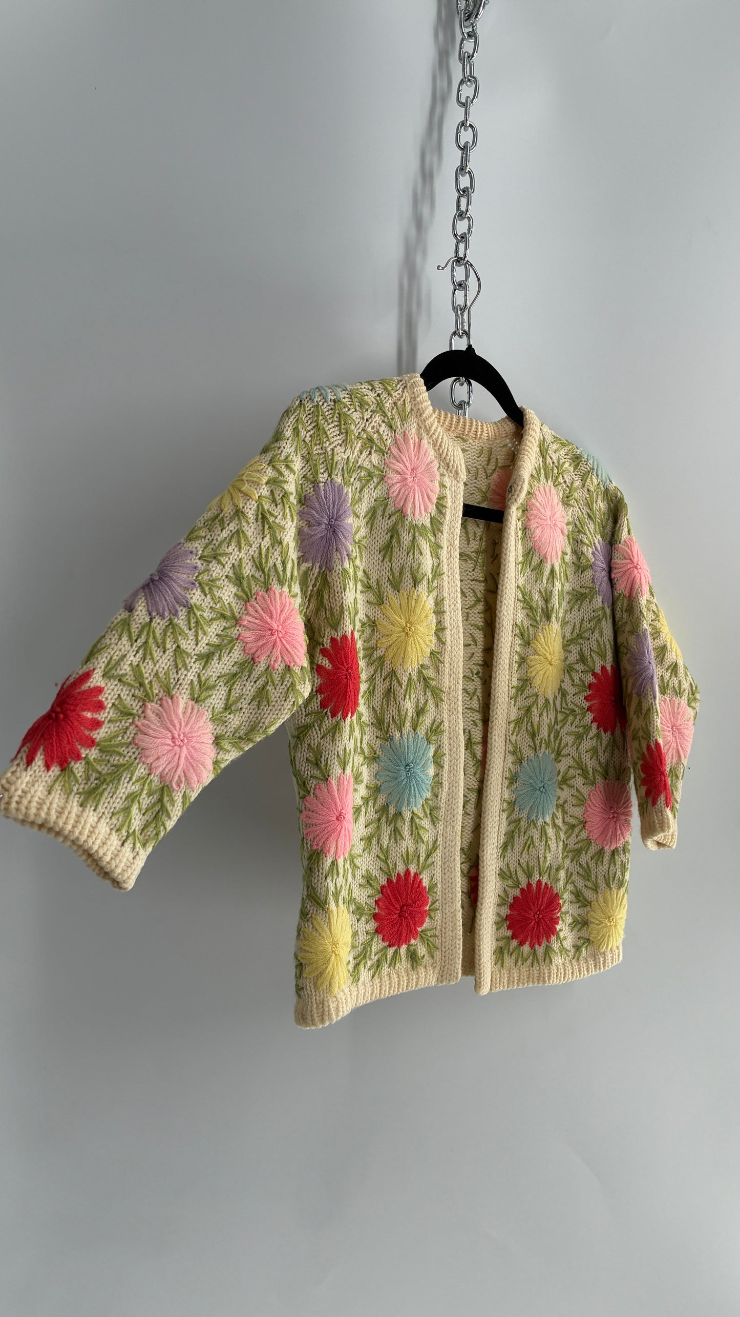 Vintage Hand Knit Beige Cardigan with Colorful Flowers (Small)
