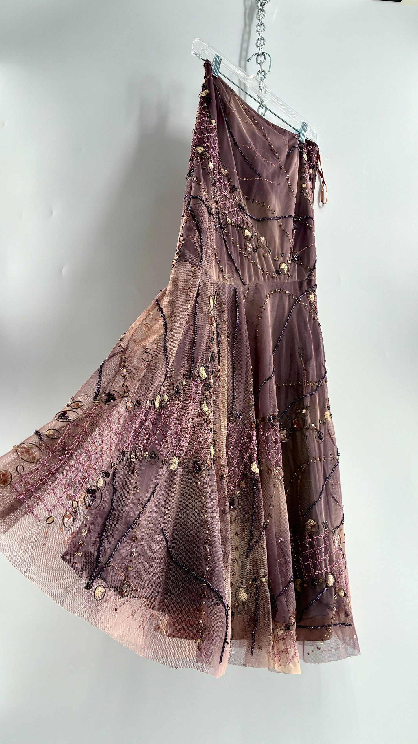 Vintage ALBERTO MAKALI Completely Embroidered and Beaded Maxi Asymmetric Dusty Purple Skirt (4)