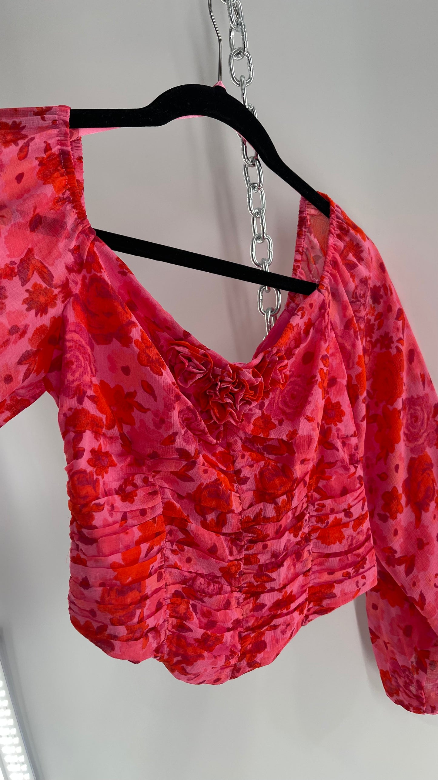 Free People Cropped Floral Blouse with Ruched Body, Balloon Sleeves and Appliqué Rosette Bustline with Tags Attached (Small)
