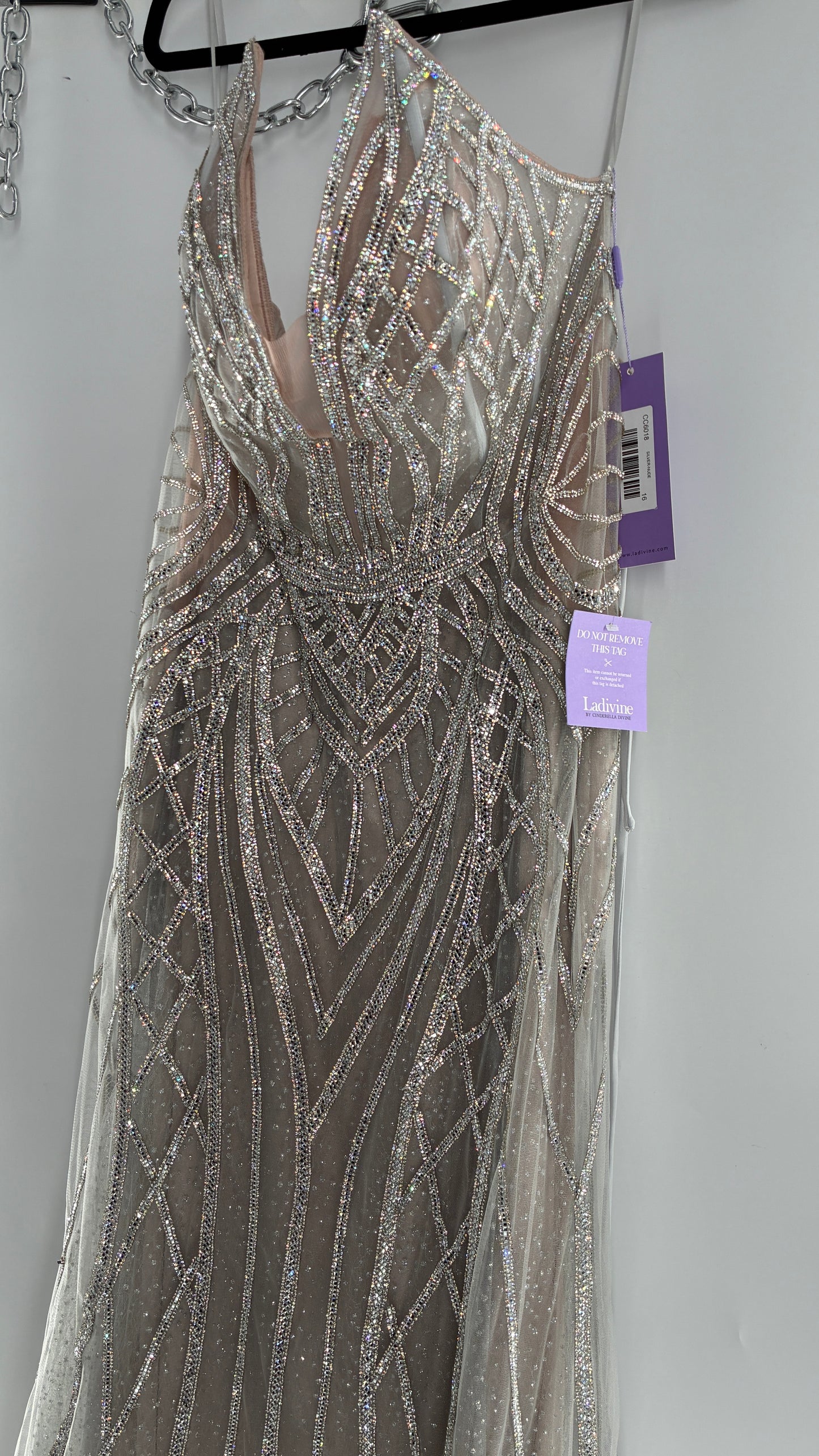 NWT LADIVINE by Cinderella Divine Silver Nude CC6018 Mermaid Corseted Gown with Multiple Layers of Tulle, Covered in Crystal Strips (16)