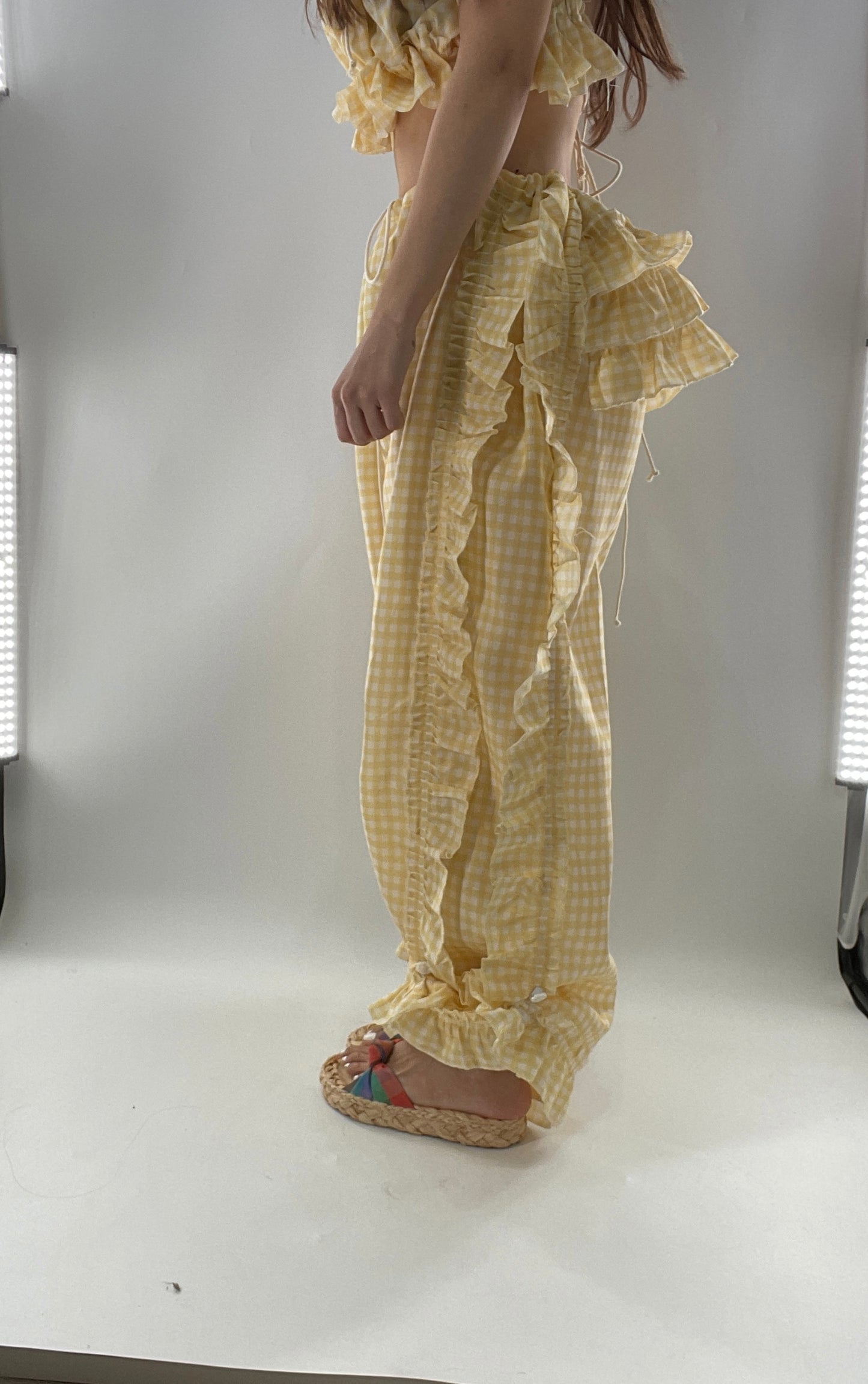 Vintage 2 Piece Yellow Checkered/Gingham Patterned Picnic Set with Ruched Bust Top and Ruffle Side Wide Legs with Adjustable Length, Strap Up Buttons on Hem (One Size)
