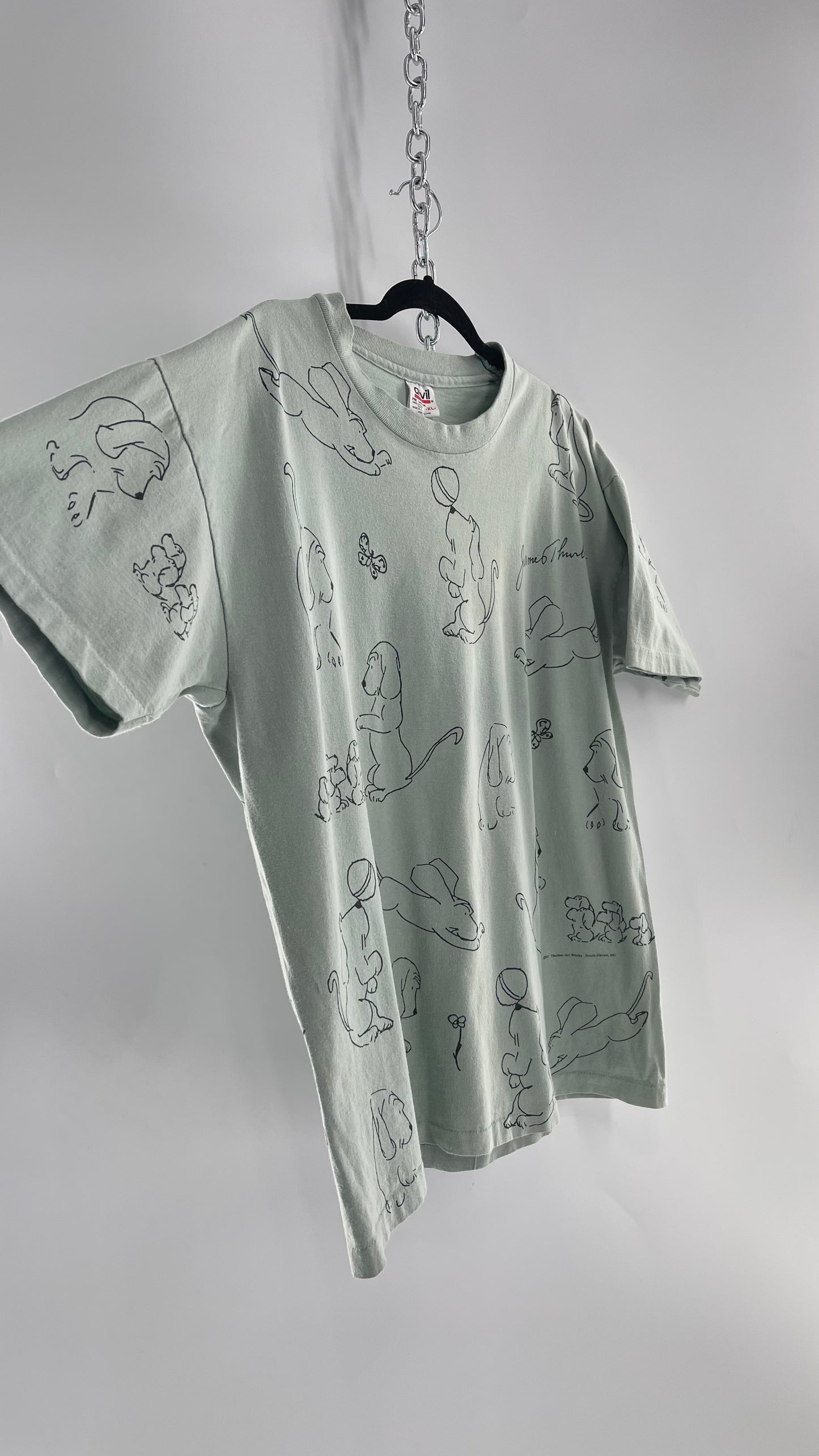 Vintage James Thurber Light Sage Nostalgic Puppy Doodle Comic Sketch T Shirt (XL)