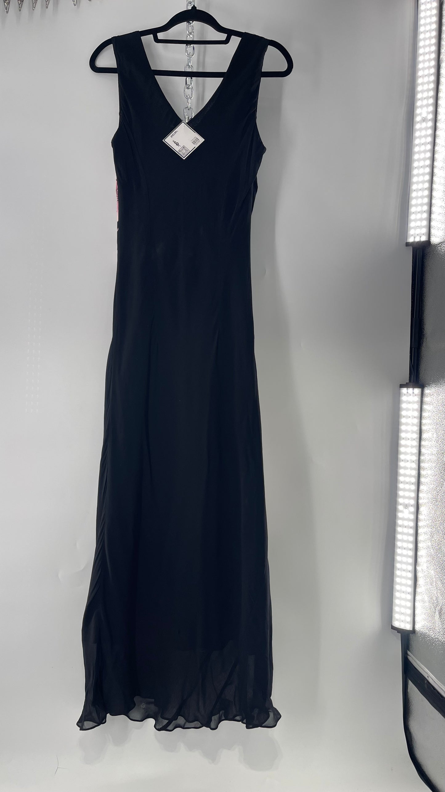 Vintage Dress Barn Black Slinky Maxi Dress with Pink Floral Graphic and Sequins (L)