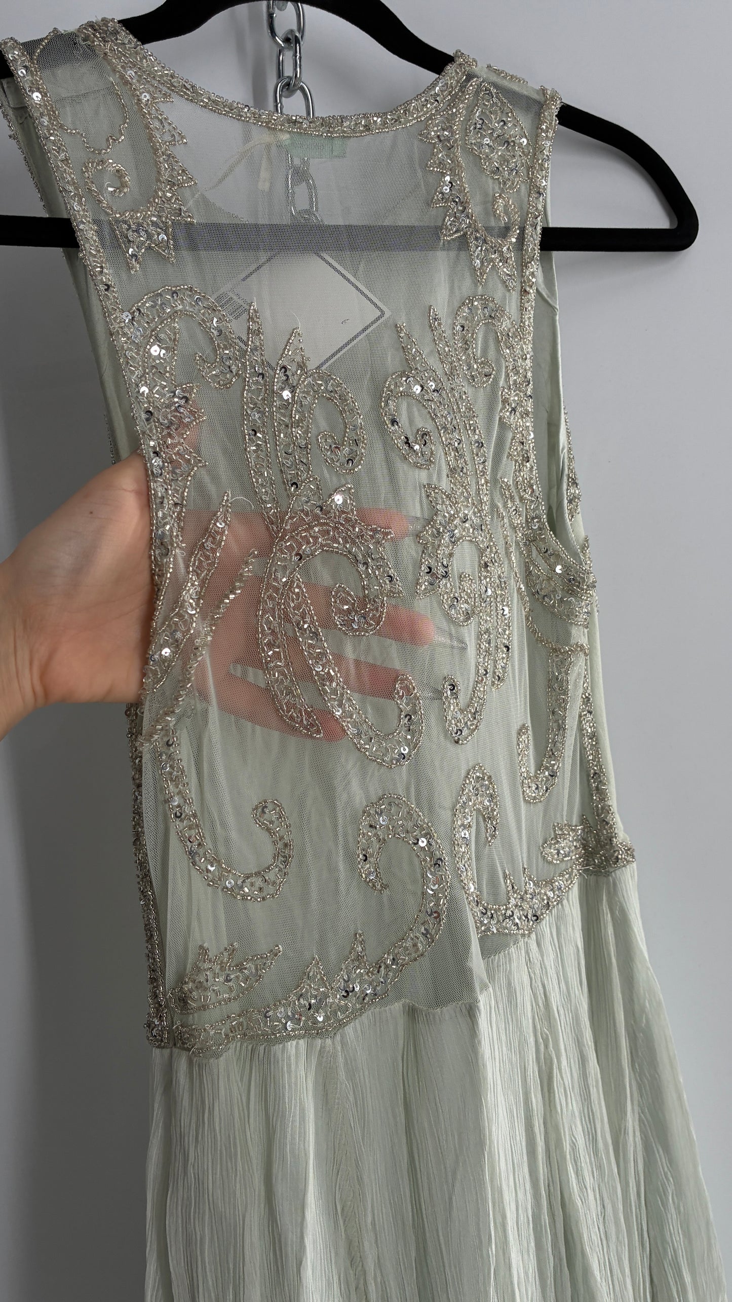 KIMCHI BLUE Light Greyish Seafoam Green Crimped Gown with Beaded Bodice and Sheer Back (2)
