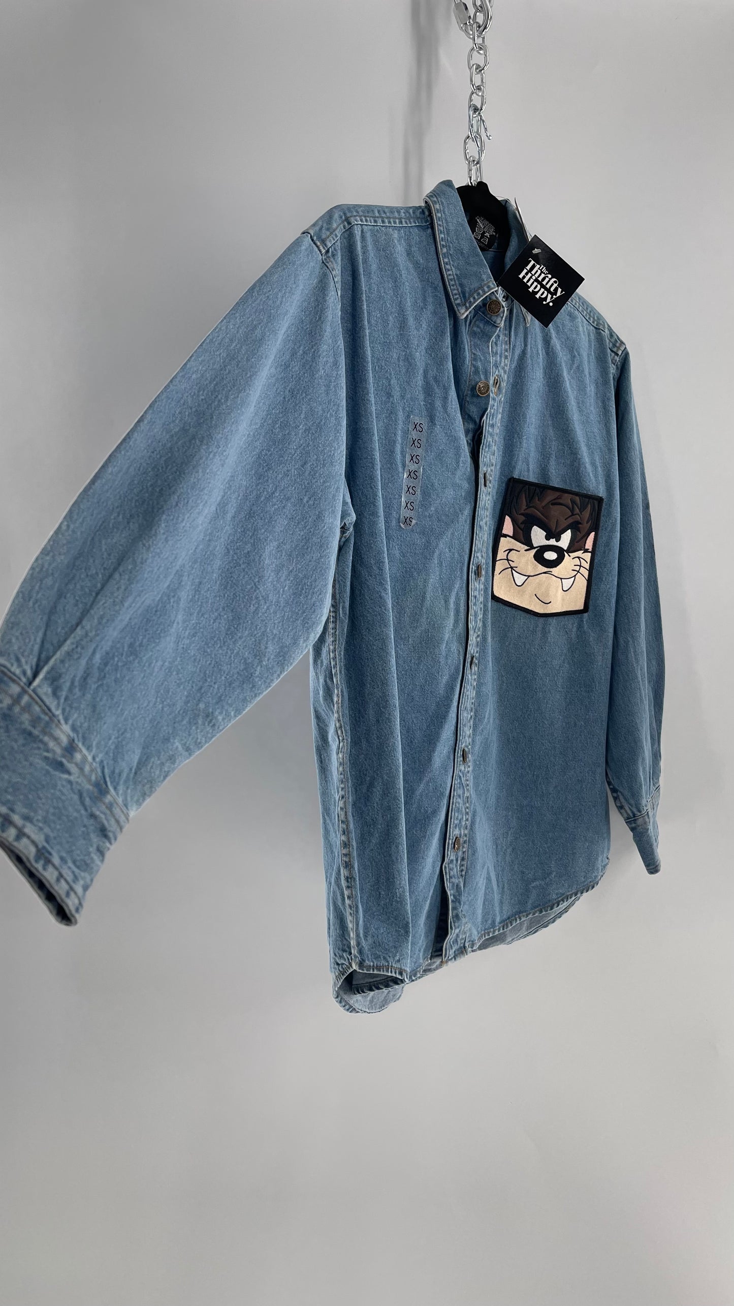 Deadstock Vintage Warner Bros Looney Tunes Denim Longsleeve with Embroidered Taz Pocket (XS/S)