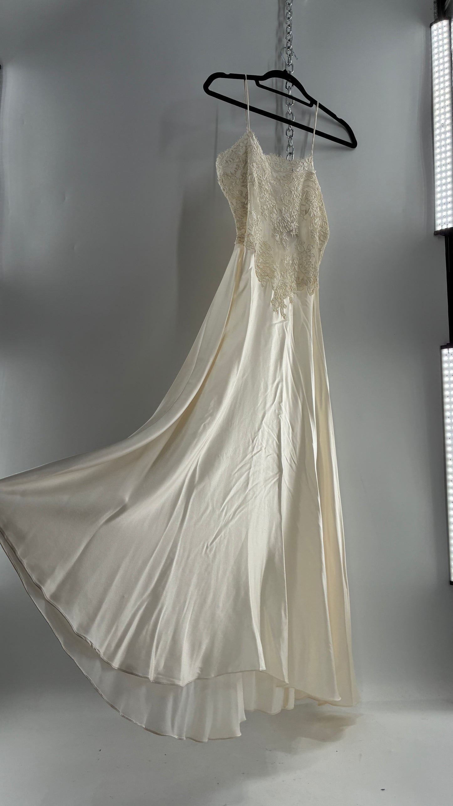 Vintage JONQUIL 100% Silk Gown with Heavy Lace Appliqués and Low Cut Sheer Back (Medium)