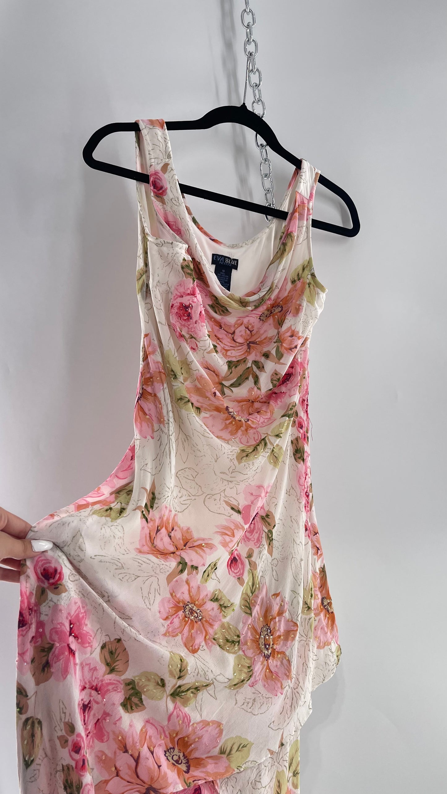 Vintage Eva Blue Pink Floral Draped Neck Sleeveless MIDI with Beading (10)