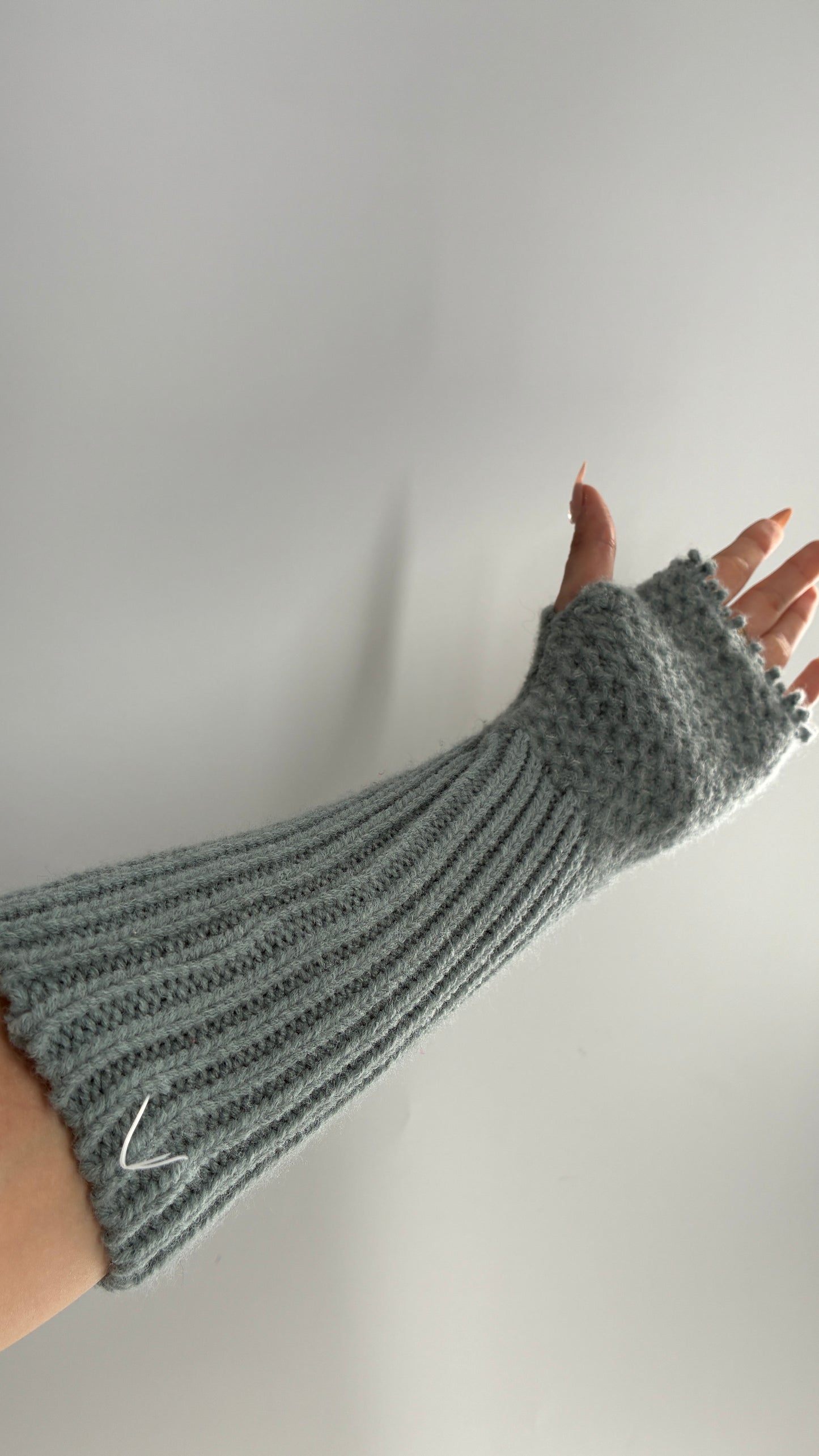 Free People Distressed Grey Blue Distressed Knit Fingerless Arm Warmer Gloves